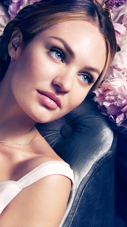 Download mobile wallpaper Flower, Face, Brunette, Model, Women, Blue Eyes, Candice Swanepoel, South African for free.
