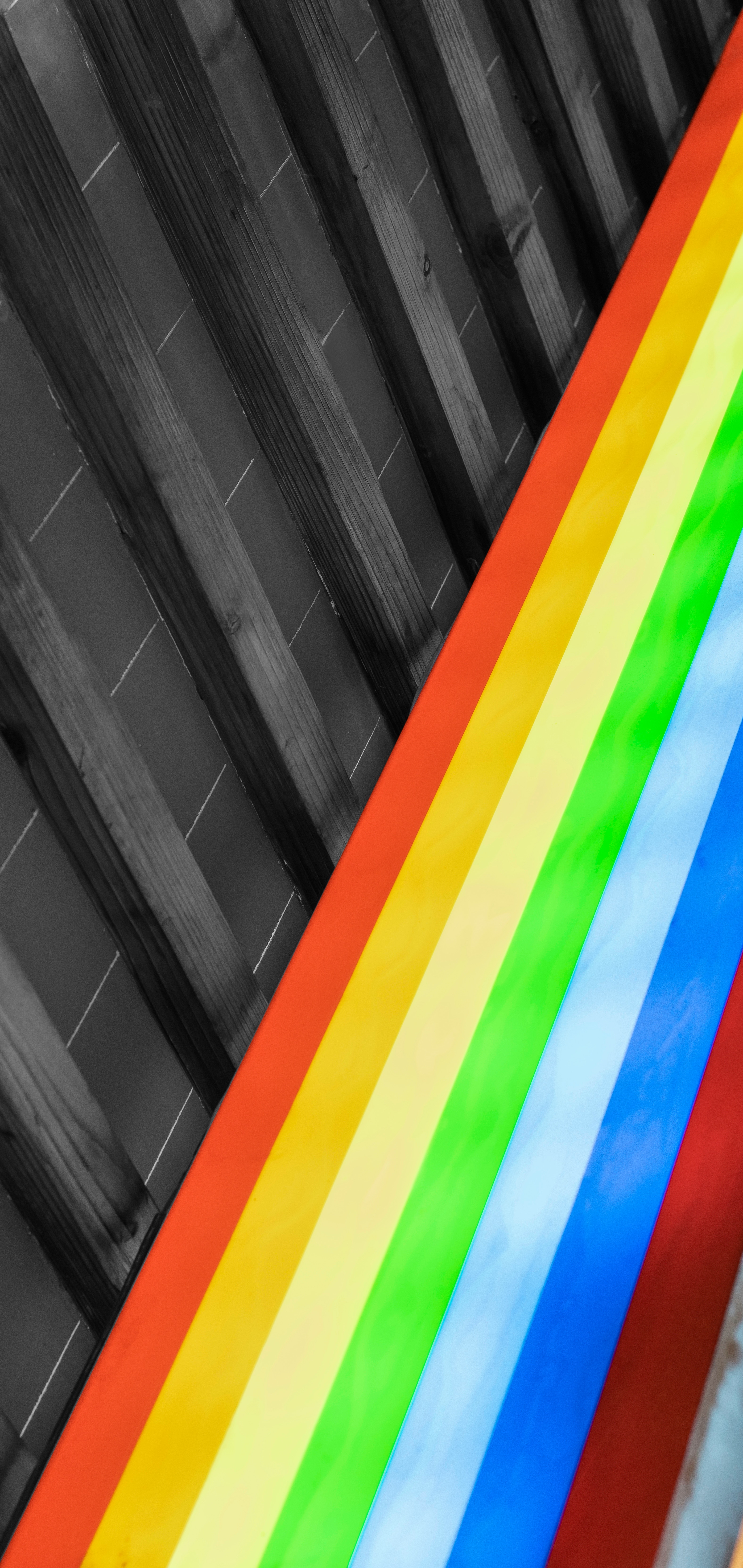 Free download wallpaper Rainbow, Design, Streaks, Wood, Wooden, Multicolored, Motley, Construction, Stripes, Iridescent, Minimalism on your PC desktop