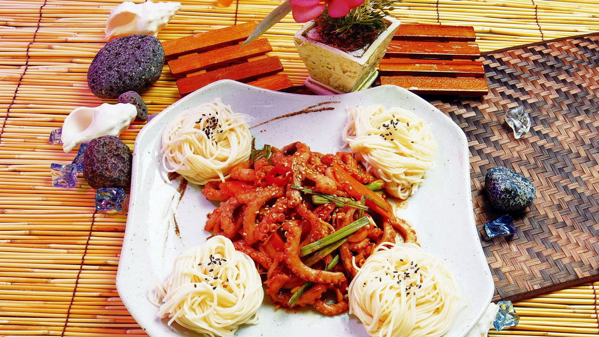 food, stones, octopus, plate, serving, spaghetti