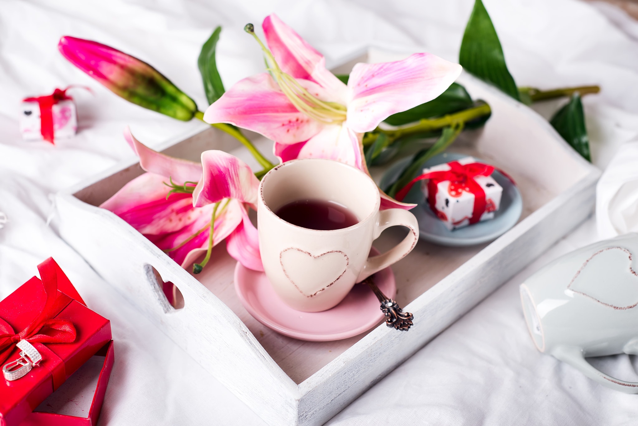 Download mobile wallpaper Food, Still Life, Flower, Cup, Lily, Drink, Tea for free.