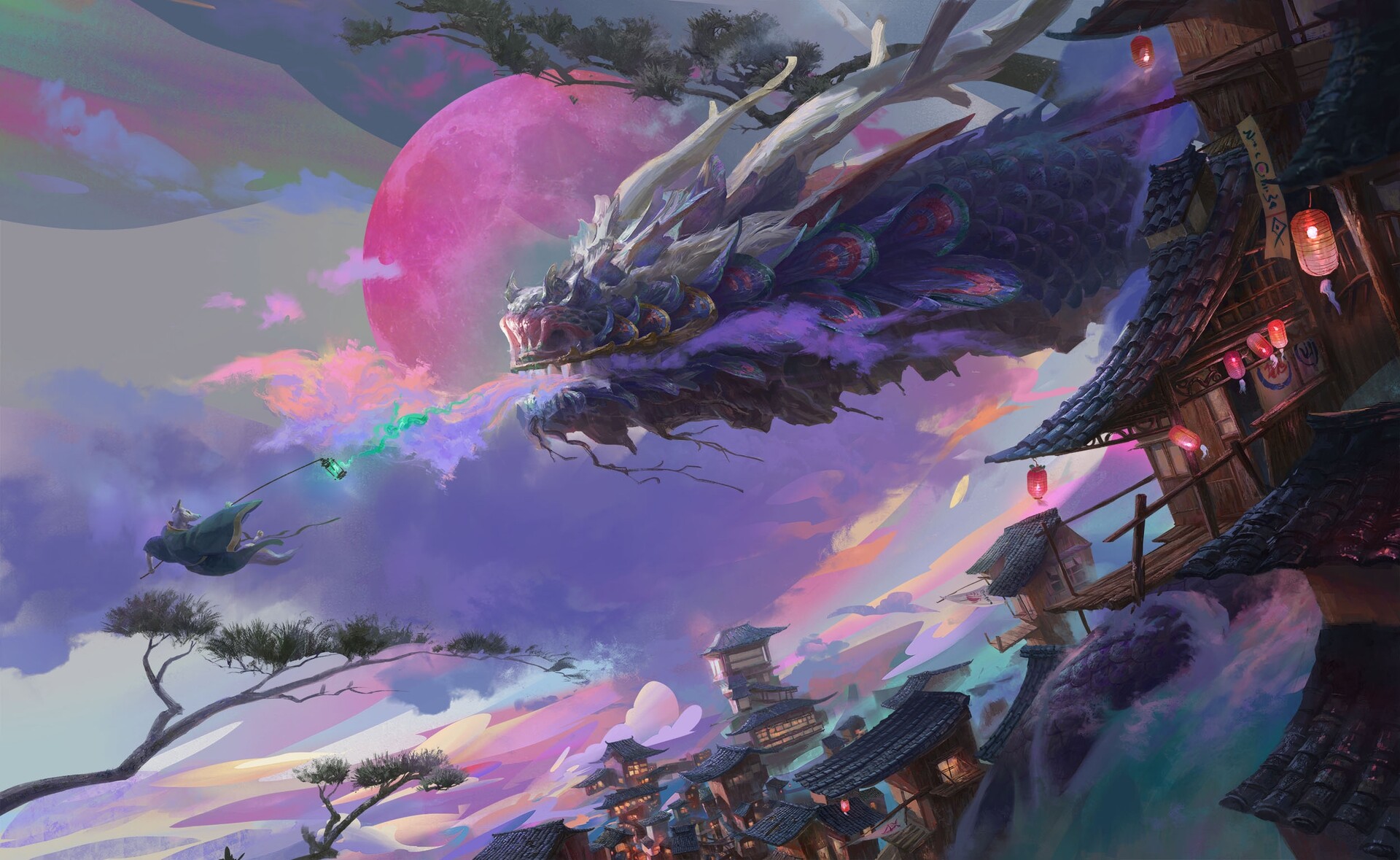 Download mobile wallpaper Fantasy, Dragon, Warrior, Town, Asian for free.