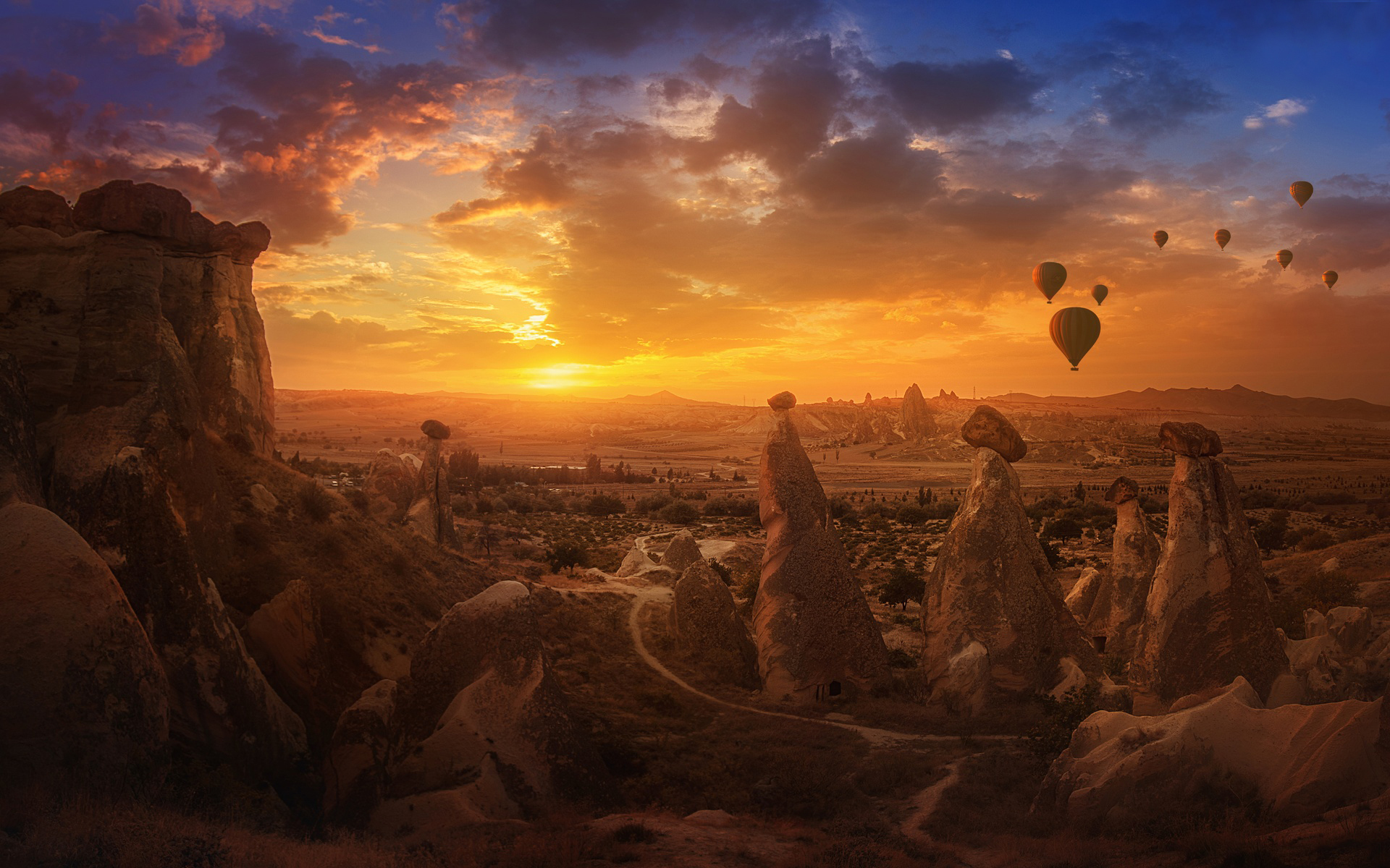 cappadocia, earth, canyon, hot air balloon, landscape, turkey, canyons