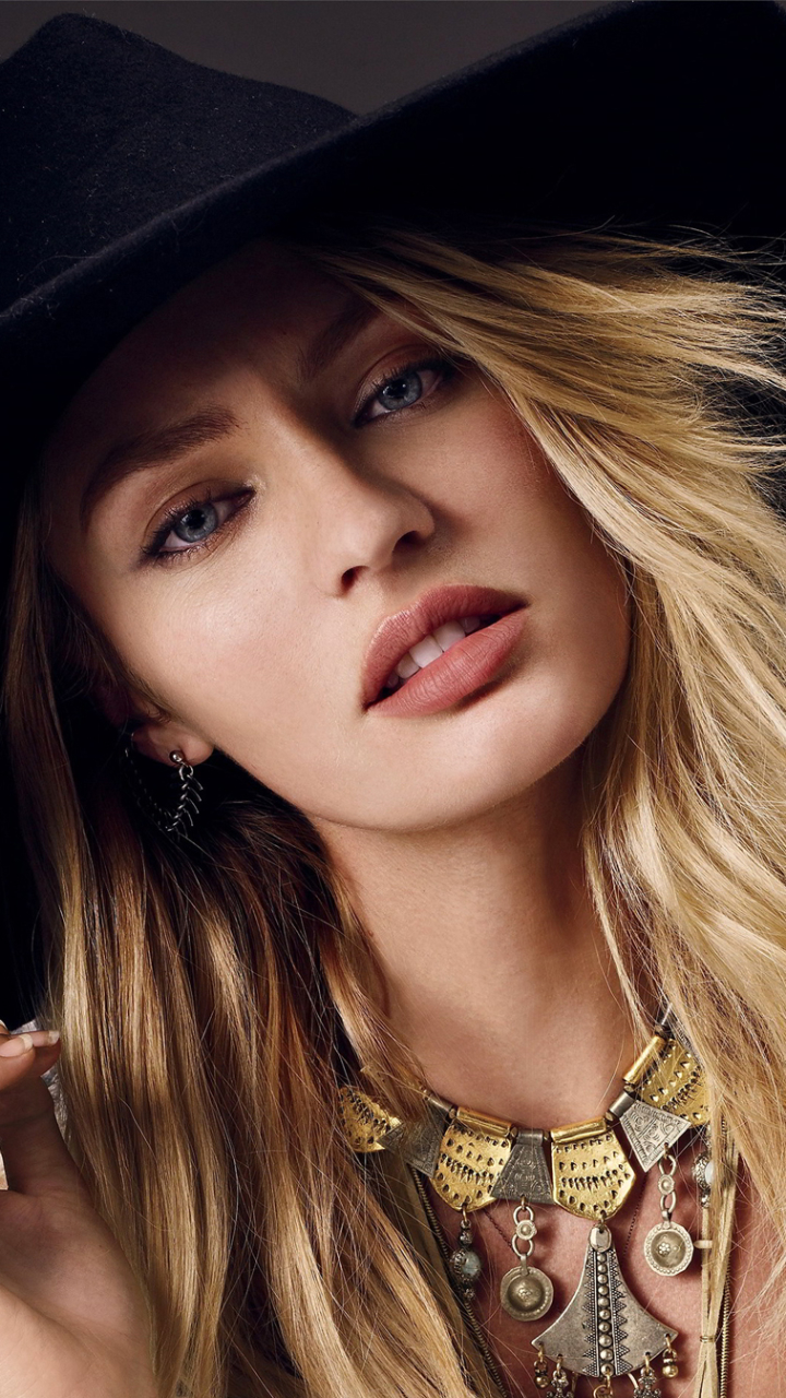 Download mobile wallpaper Blonde, Hat, Model, Women, Blue Eyes, Necklace, Candice Swanepoel, South African for free.