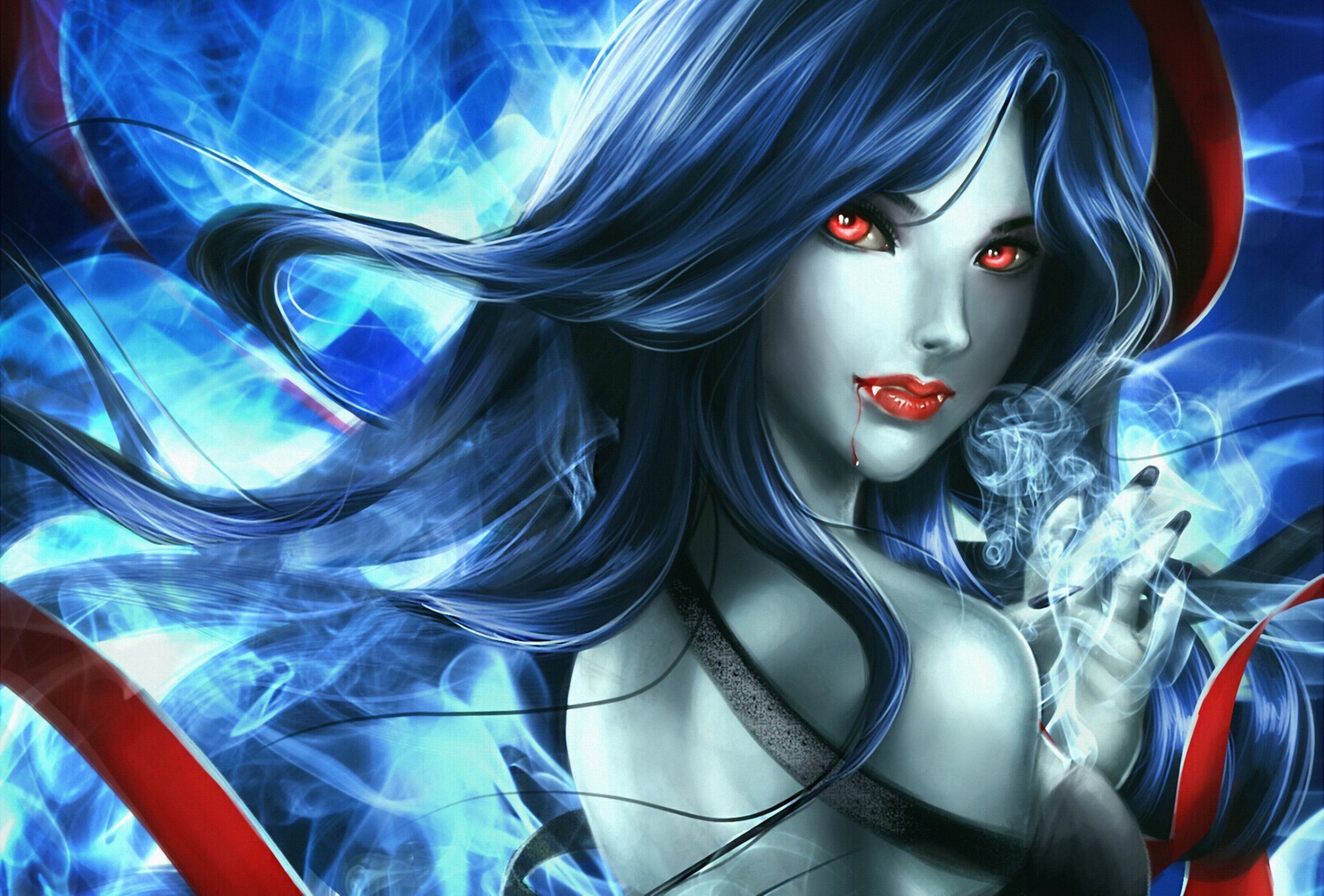 Free download wallpaper Fantasy, Blood, Vampire, Blue Hair, Red Eyes on your PC desktop