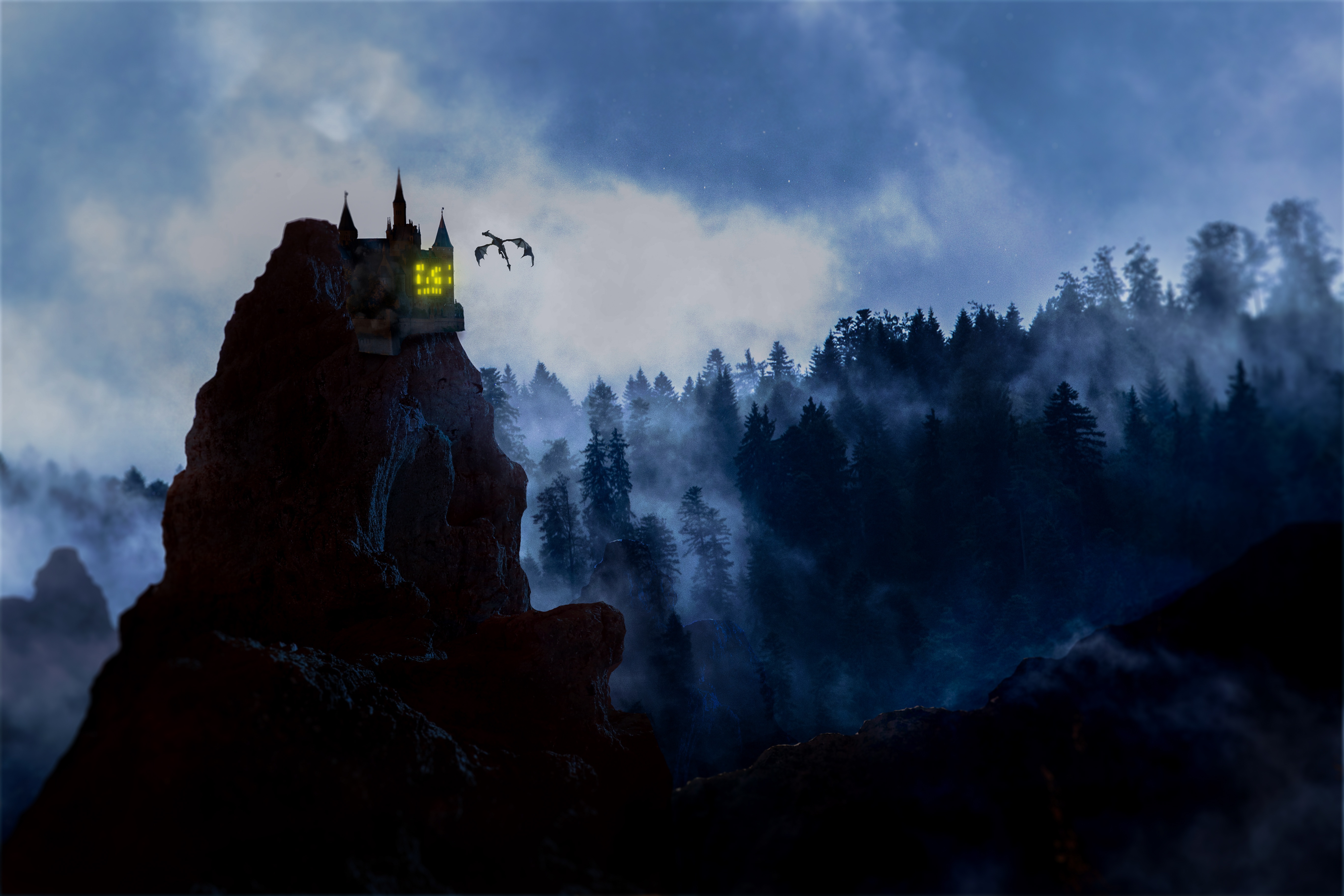 dragon, fantasy, rock, lock, forest, fog HD wallpaper