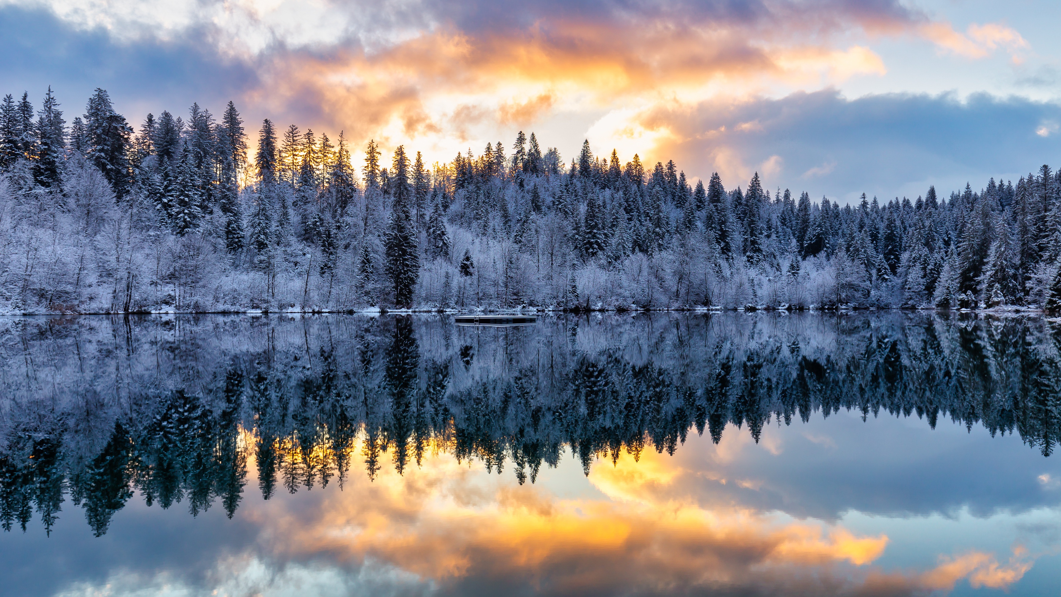 PCデスクトップに冬, 自然, 湖, 反射, 森, 地球画像を無料でダウンロード