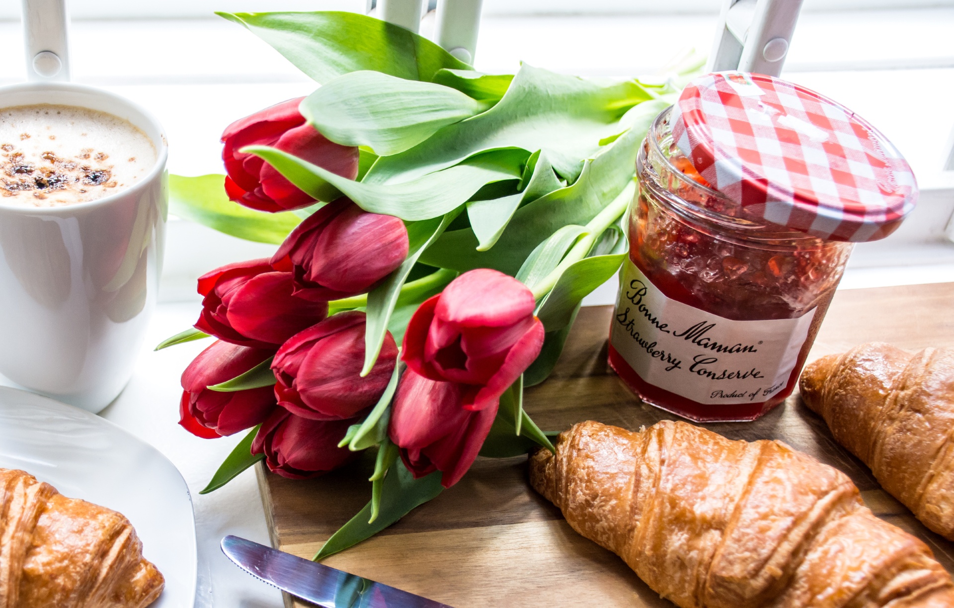Download mobile wallpaper Food, Still Life, Jam, Tulip, Breakfast, Croissant, Red Flower for free.