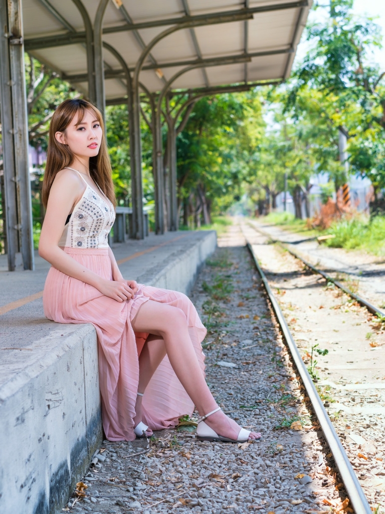Download mobile wallpaper Dress, Brunette, Model, Women, Railroad, Asian for free.