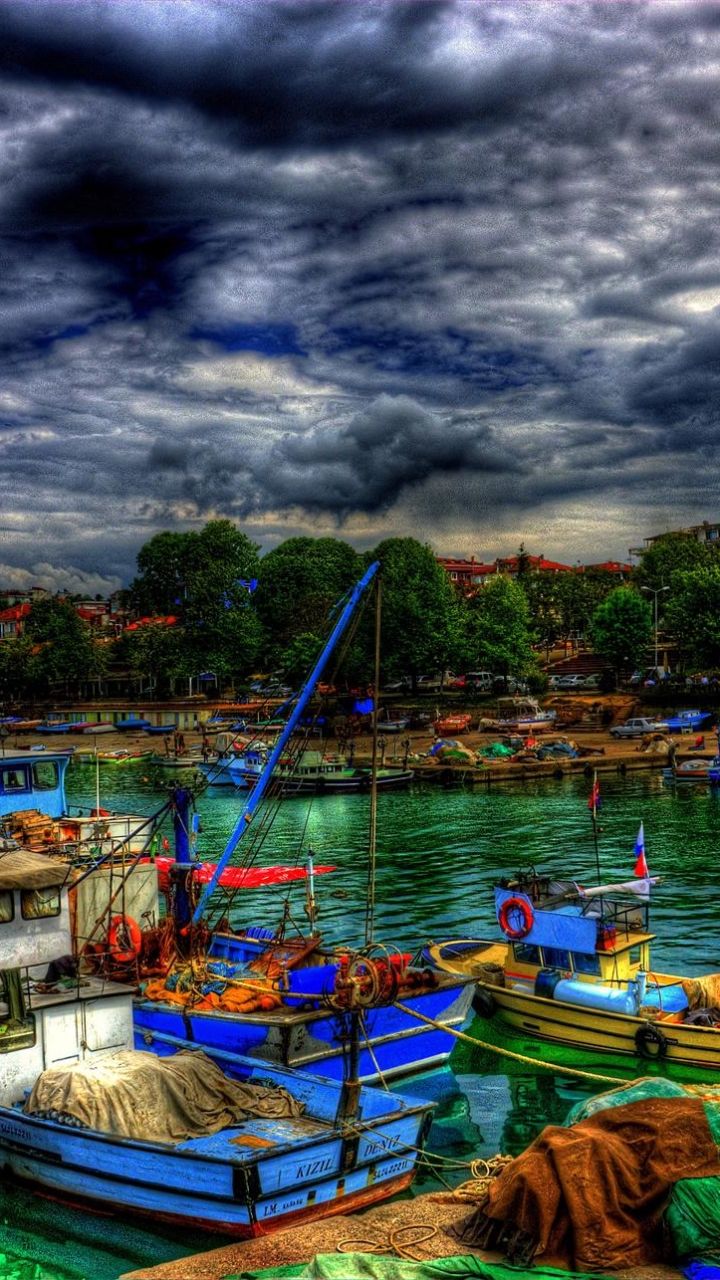 Download mobile wallpaper Tree, Boat, Hdr, Cloud, Harbor, Photography, Town, Turkey, Marina for free.