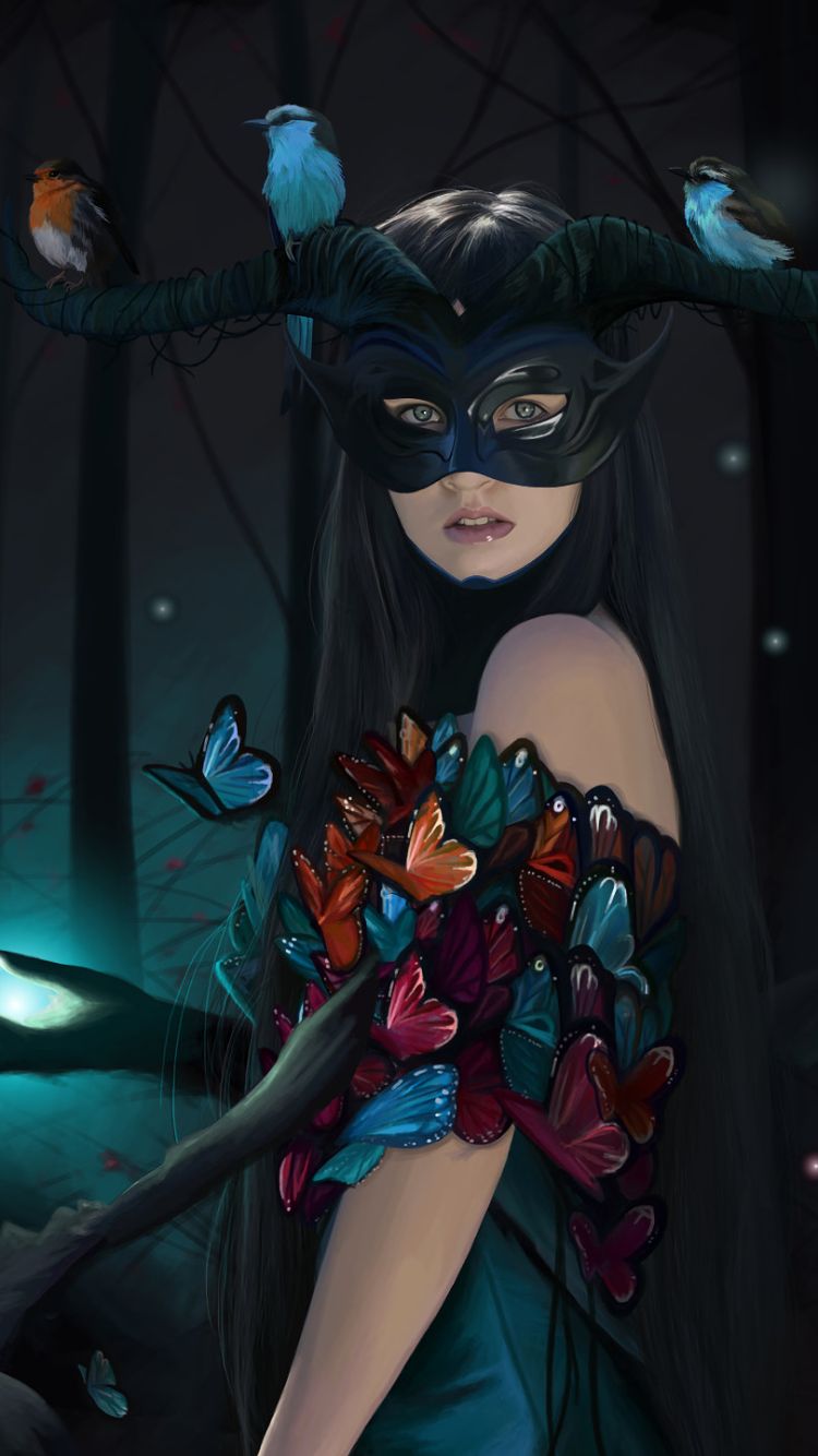 Download mobile wallpaper Fantasy, Night, Butterfly, Mask, Women for free.
