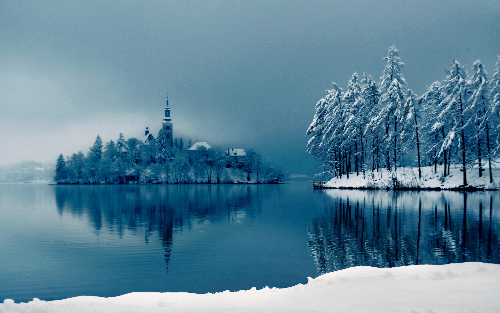 無料モバイル壁紙風景, 雪, 湖, 家をダウンロードします。