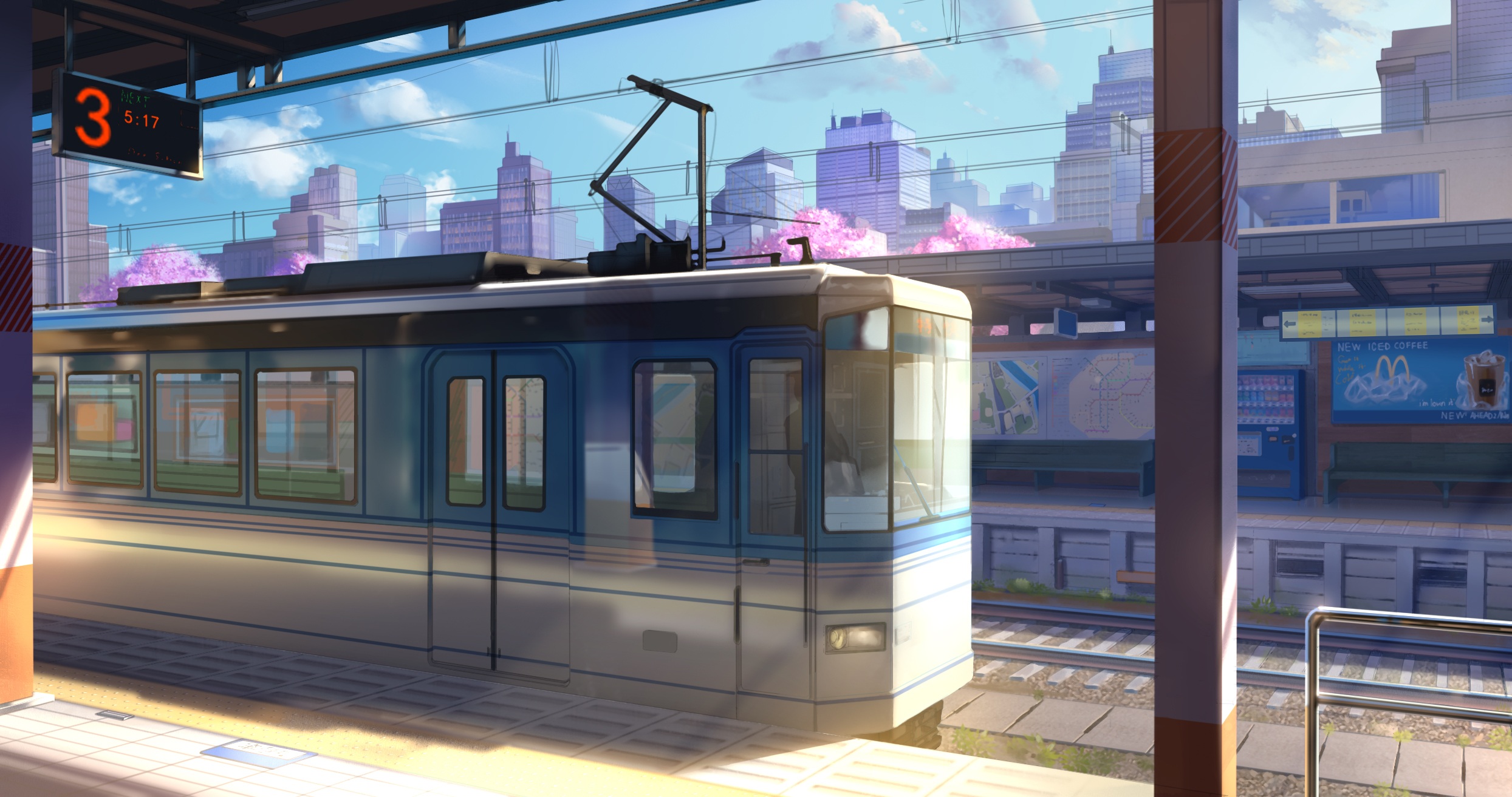 952560 скачать обои аниме, железнодорожный вокзал, поезд - заставки и картинки бесплатно