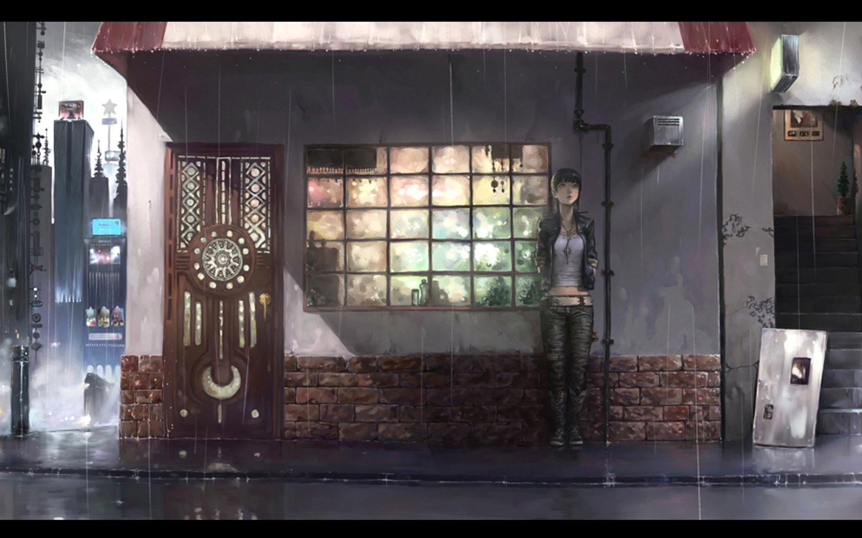 Download mobile wallpaper Anime, Rain, Street for free.