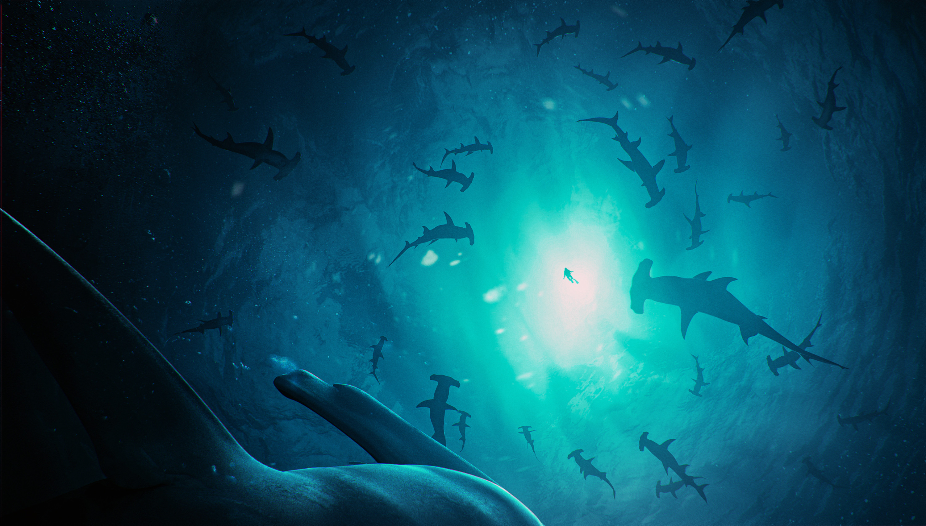 1011645 Hintergrundbild herunterladen fantasie, unterwasser, hammerhai - Bildschirmschoner und Bilder kostenlos