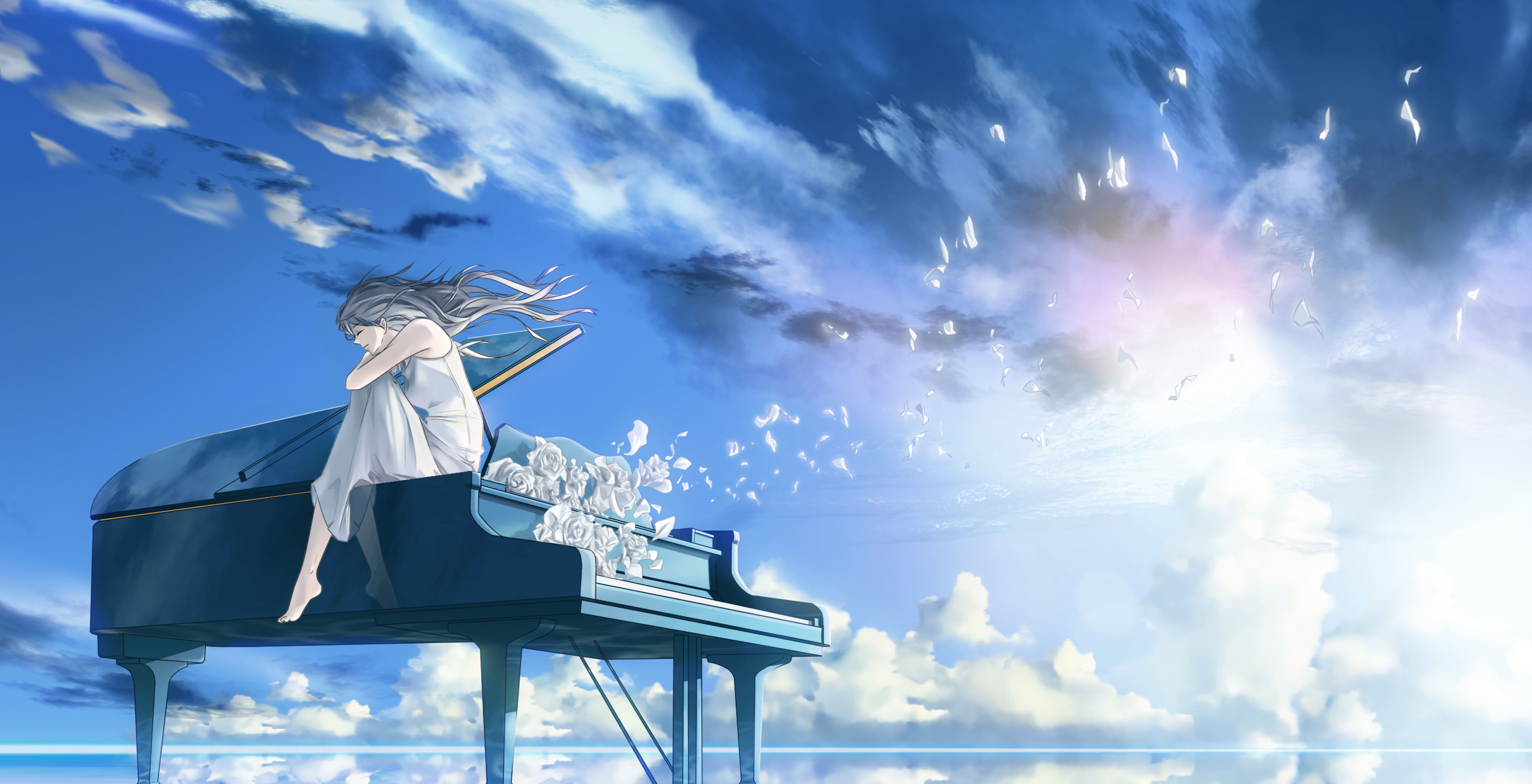 Download mobile wallpaper Anime, Piano, Flower, Original, Long Hair, Grey Hair for free.