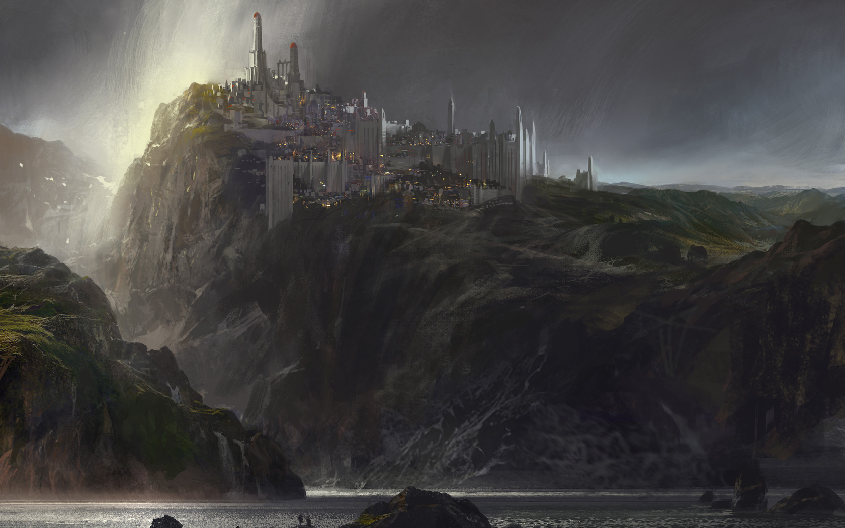 Download mobile wallpaper Landscape, Fantasy, Sea, City, Dark, Castle for free.