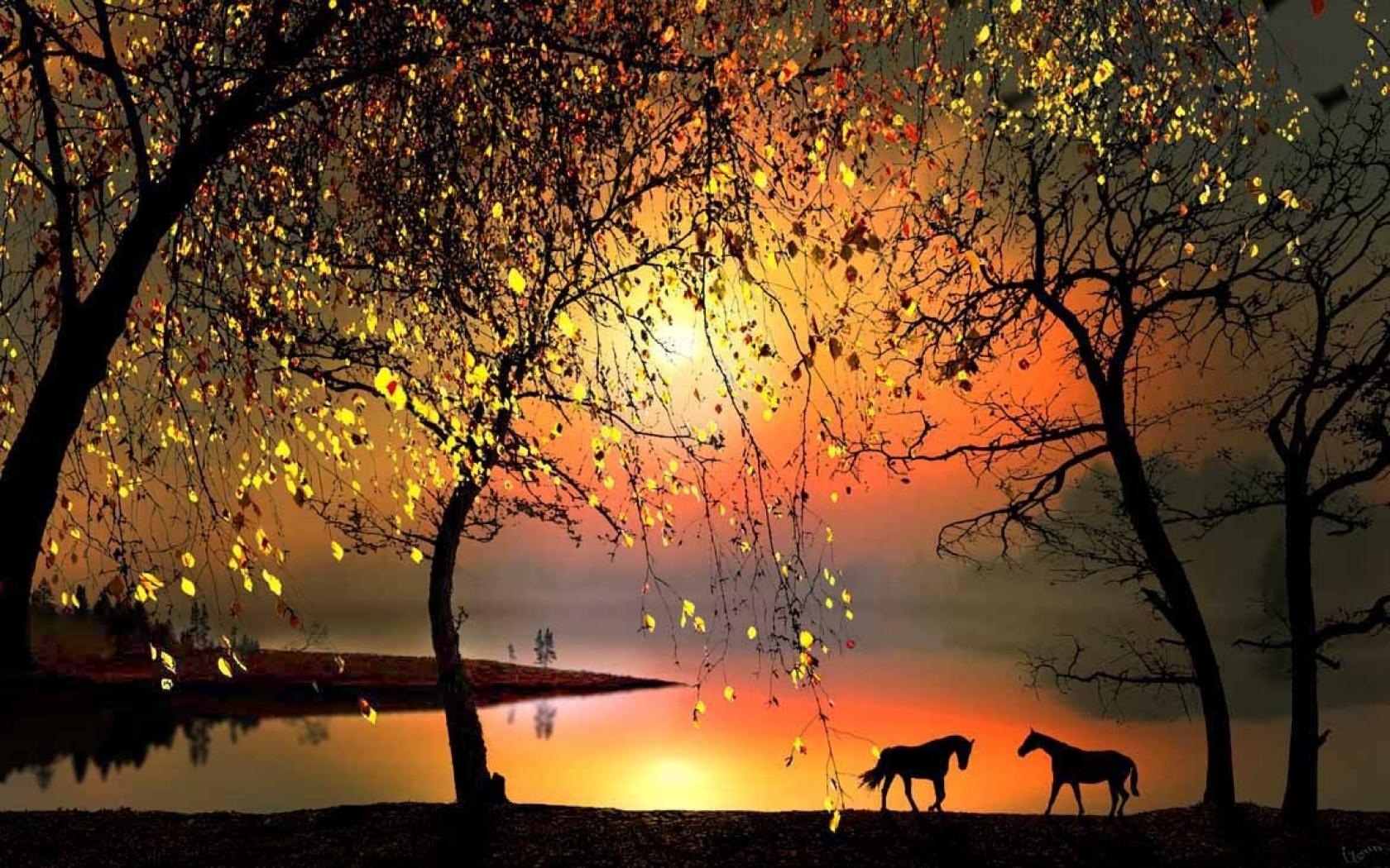 Download mobile wallpaper Sunset, Lake, Silhouette, Tree, Animal, Horse for free.