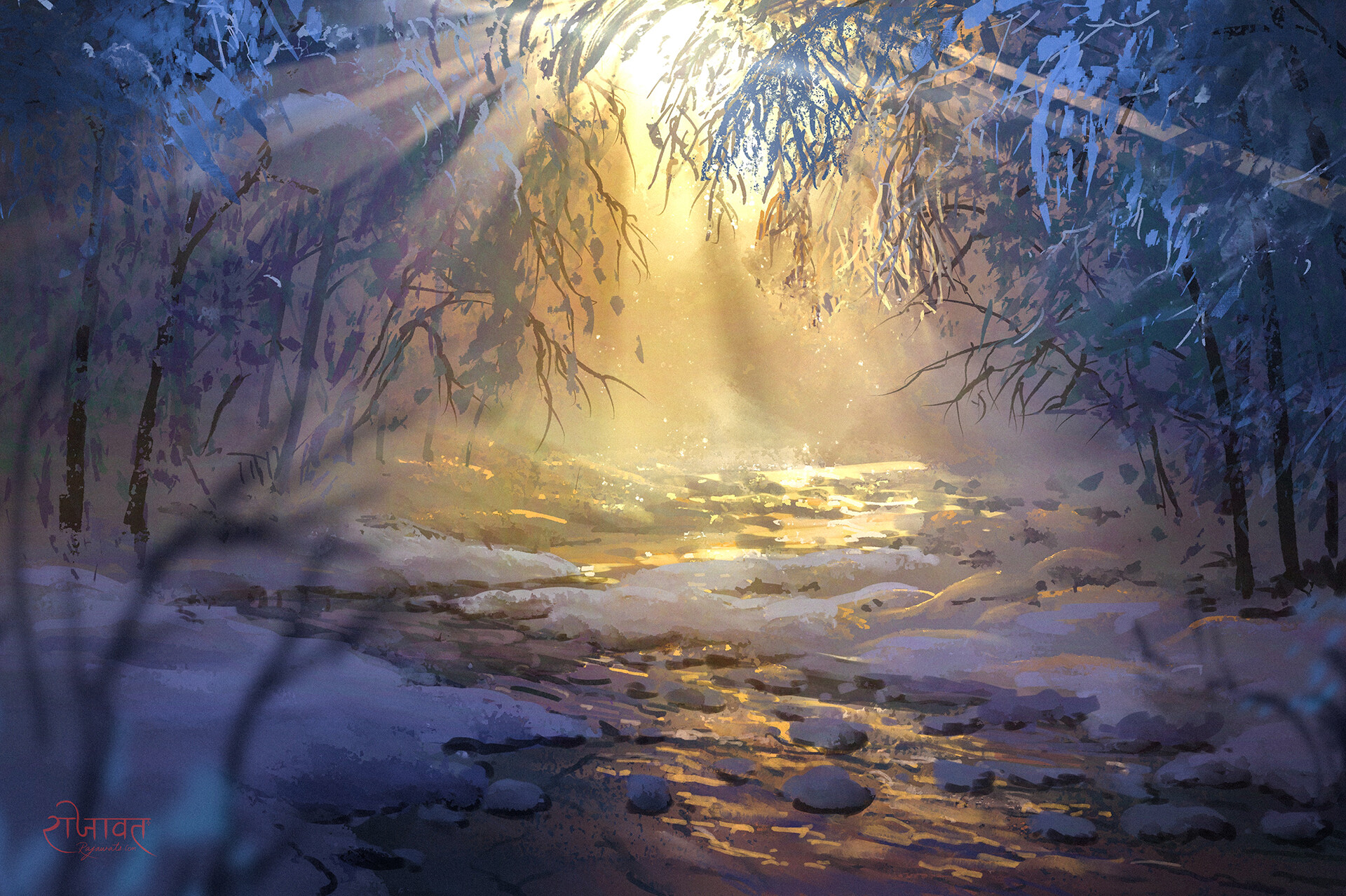 Download mobile wallpaper Winter, Snow, Forest, Sunrise, Artistic, River for free.