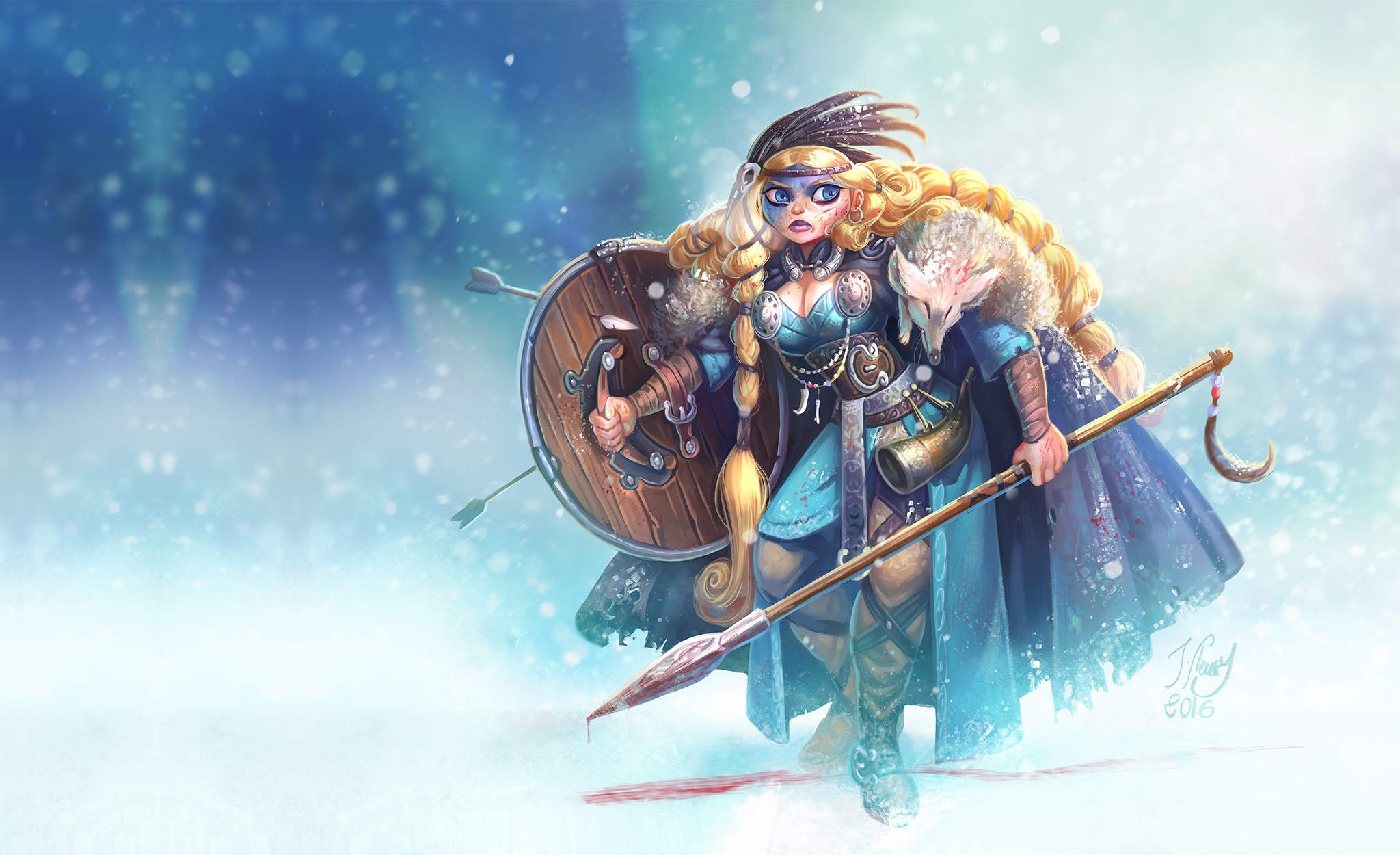 Download mobile wallpaper Fantasy, Shield, Blonde, Snowfall, Blue Eyes, Braid, Spear, Long Hair, Woman Warrior, Viking for free.