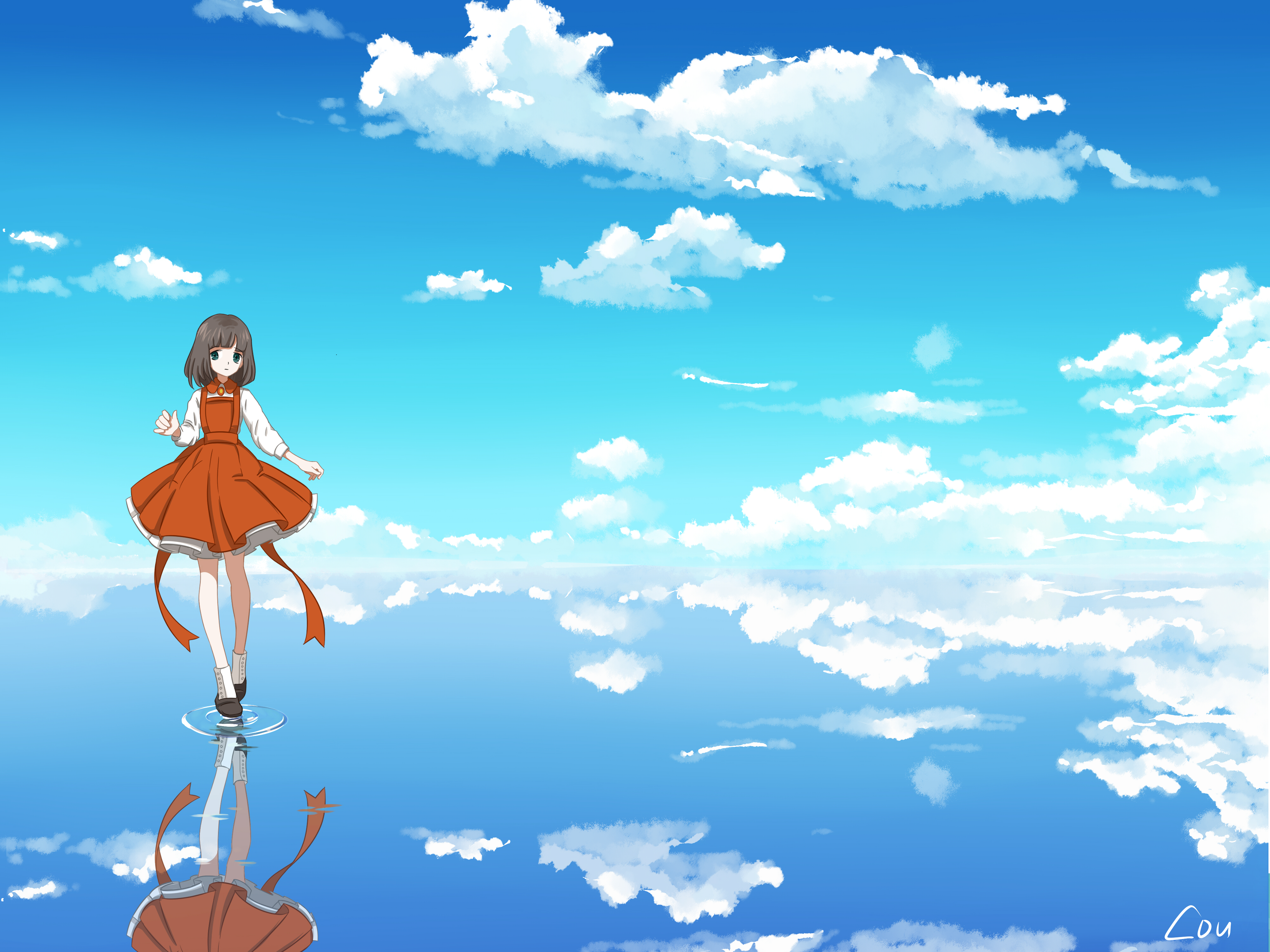 Скачать картинку Аниме, Небо, Облака, Отражение, Оригинал в телефон бесплатно.
