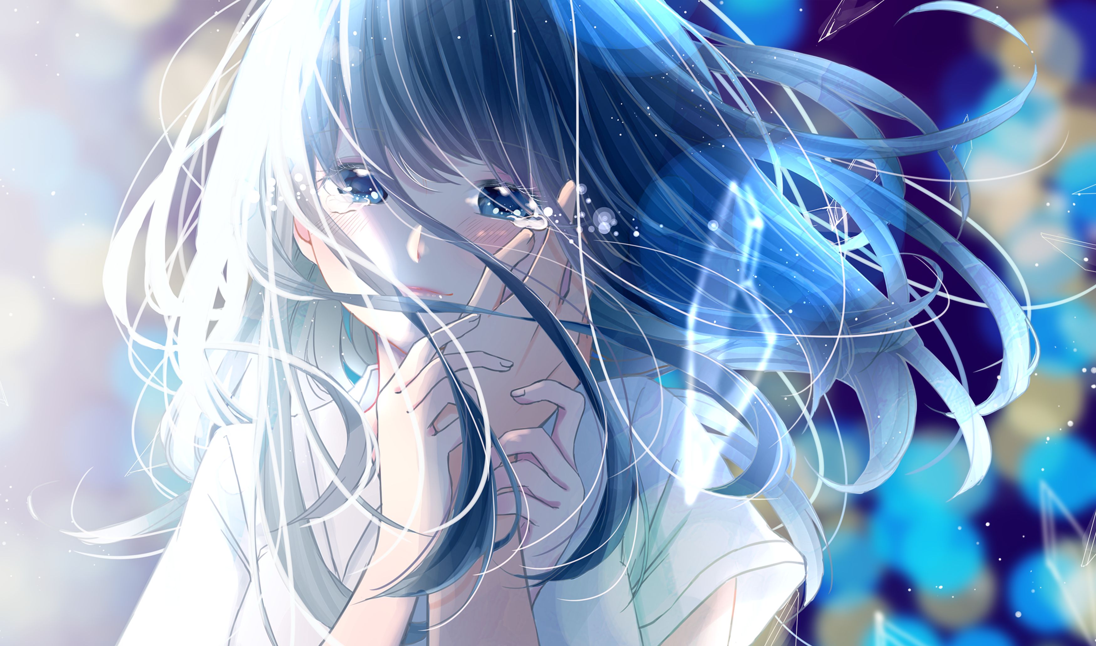 Download mobile wallpaper Anime, Girl, Blue Eyes, Black Hair, Long Hair, Crying for free.