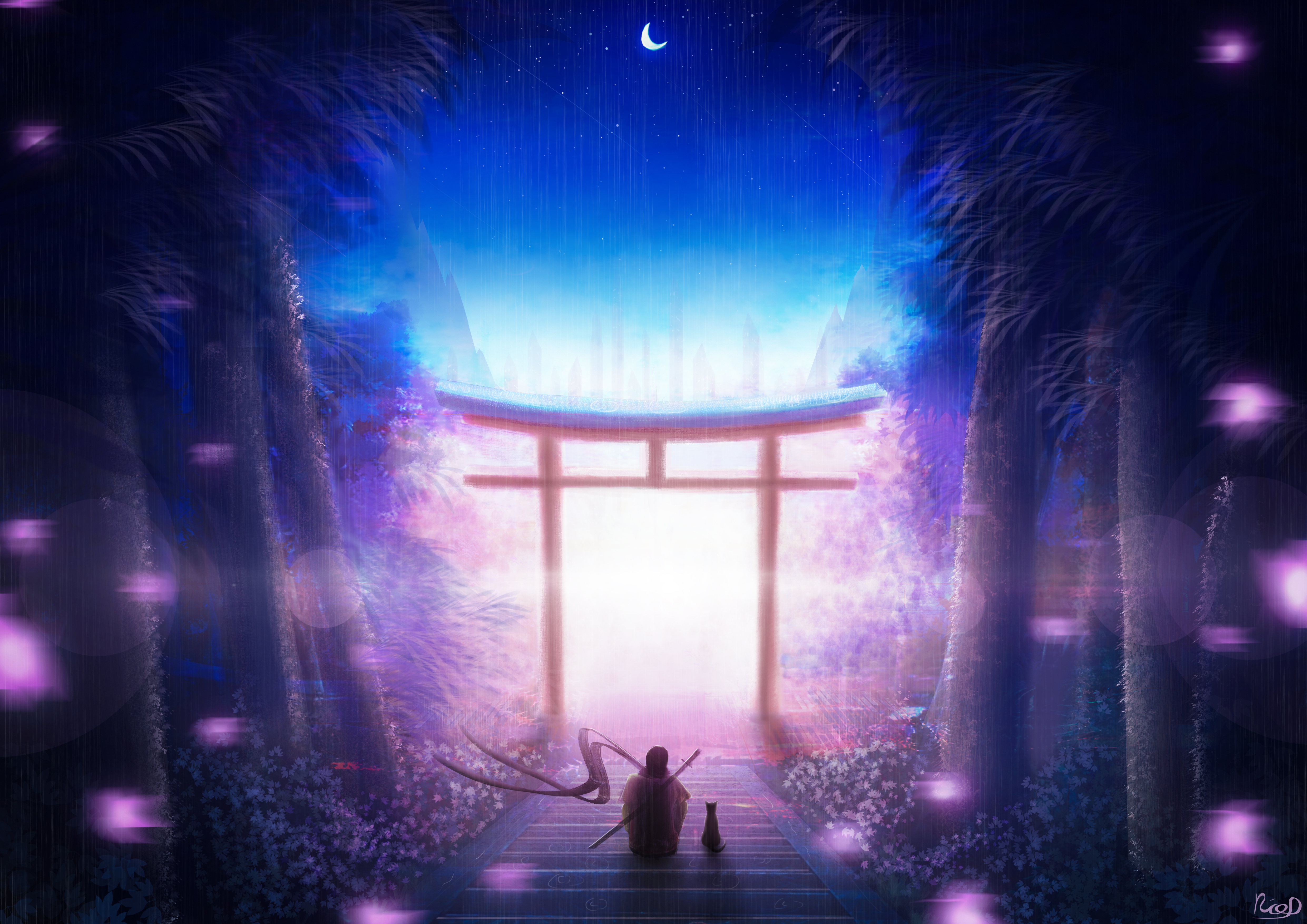 warrior, art, night, privacy, seclusion, torii