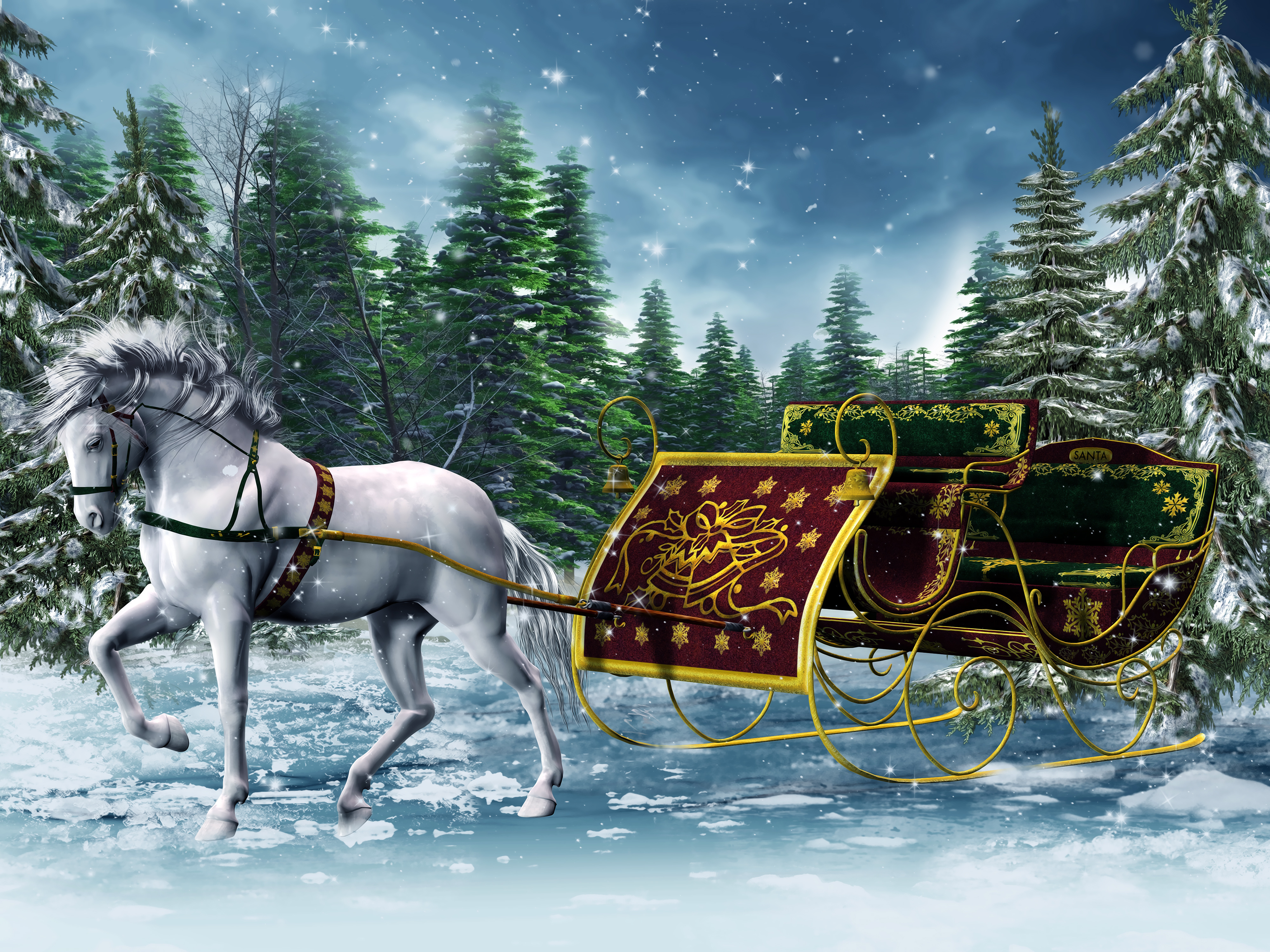 Скачать обои бесплатно Зима, Снег, Рождество, Белый, Лошадь, Сани, Праздничные картинка на рабочий стол ПК