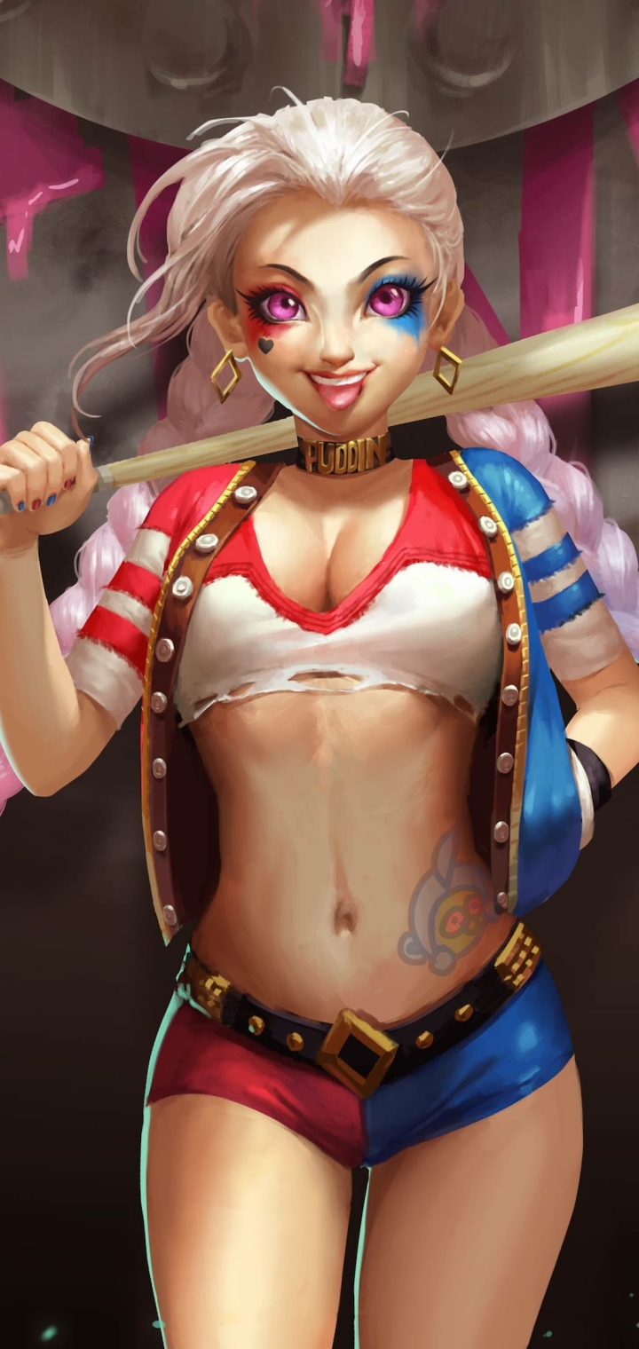Download mobile wallpaper League Of Legends, Smile, Crossover, Video Game, Harley Quinn, Purple Eyes, Jinx (League Of Legends) for free.