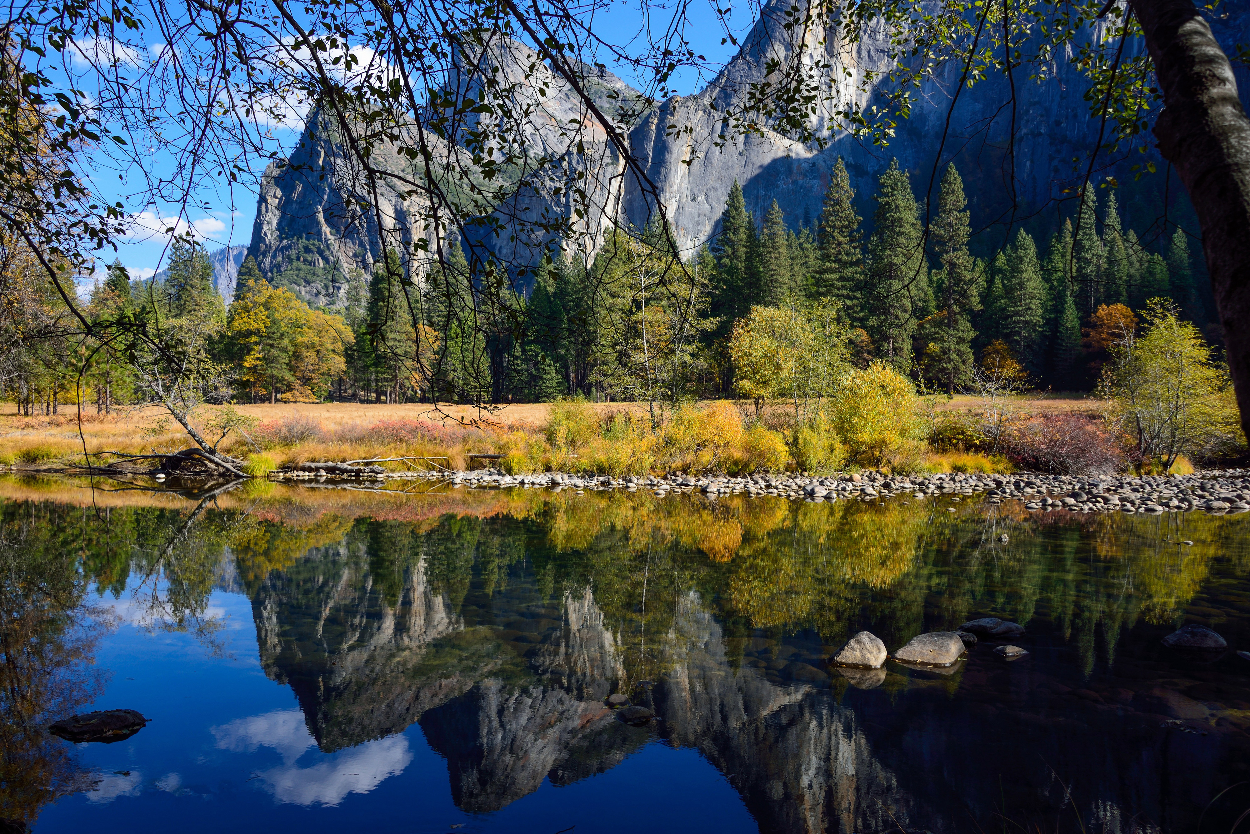 Download mobile wallpaper Nature, Sky, Mountain, Lake, Reflection, Tree, Earth, Yosemite National Park for free.
