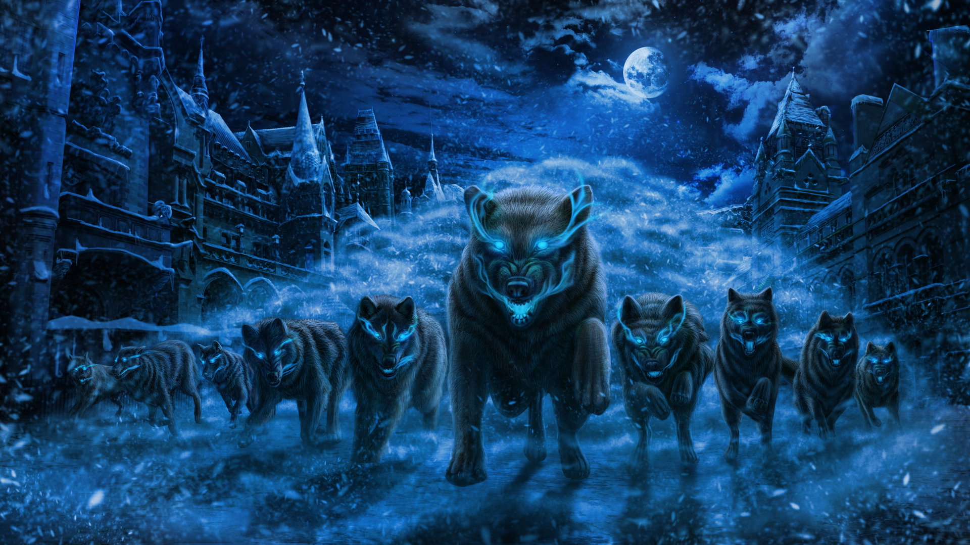 Download mobile wallpaper Winter, Fantasy, Night, Moon, Snow, City, Wolf, Fantasy Animals for free.