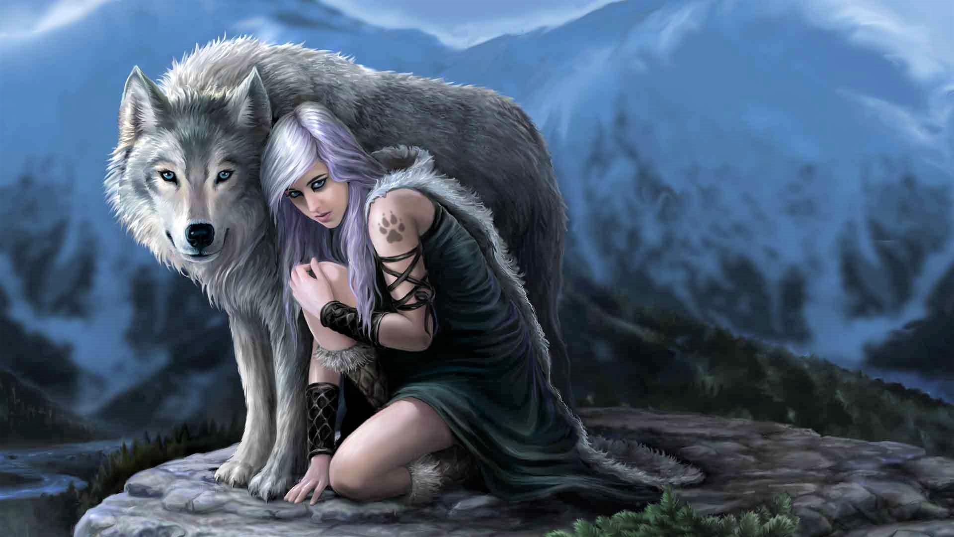 Handy-Wallpaper Fantasie, Wolf, Tätowierung, Frauen kostenlos herunterladen.