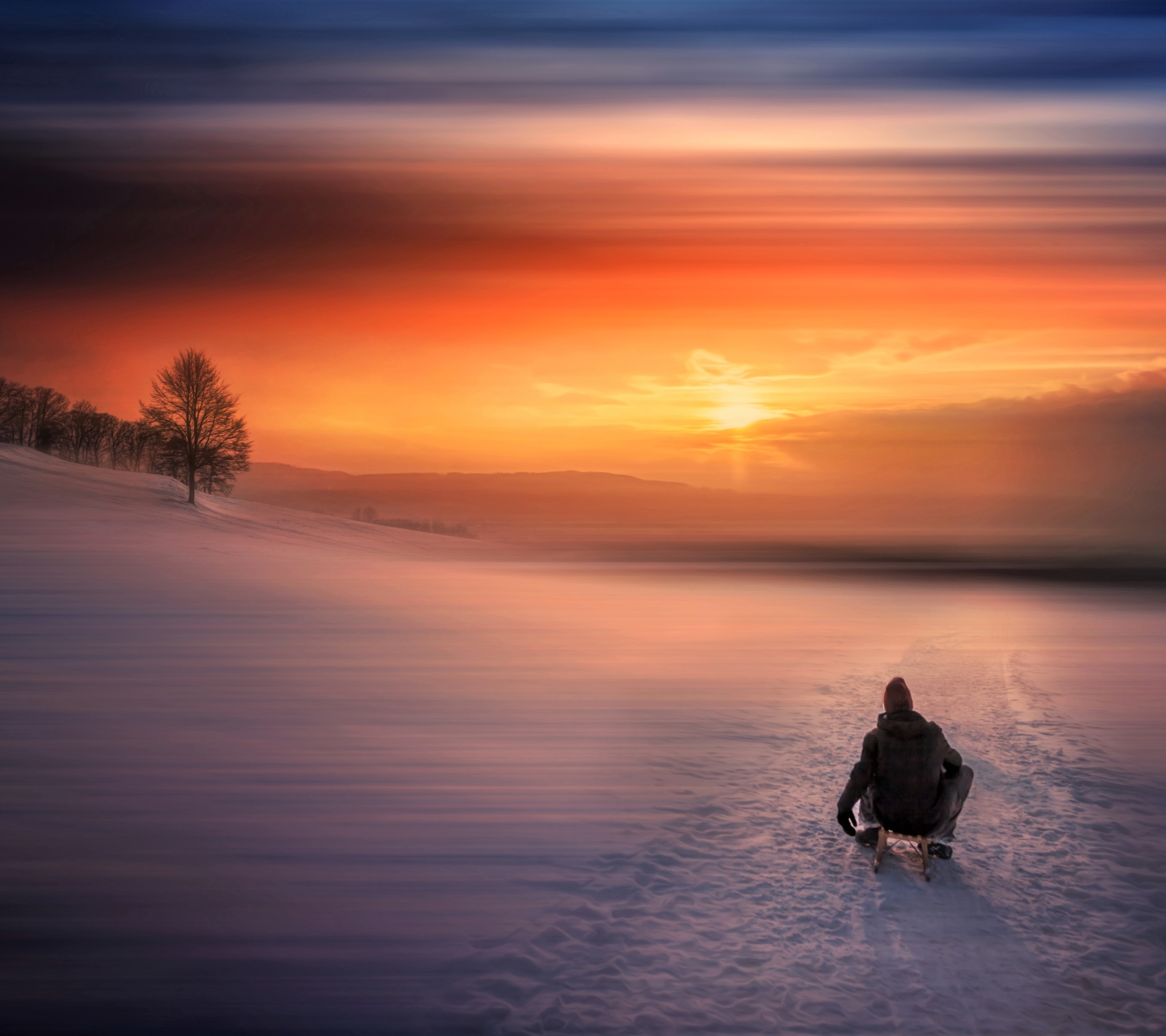 Download mobile wallpaper Winter, Sunset, Sky, Snow, Lake, Photography, Sled for free.