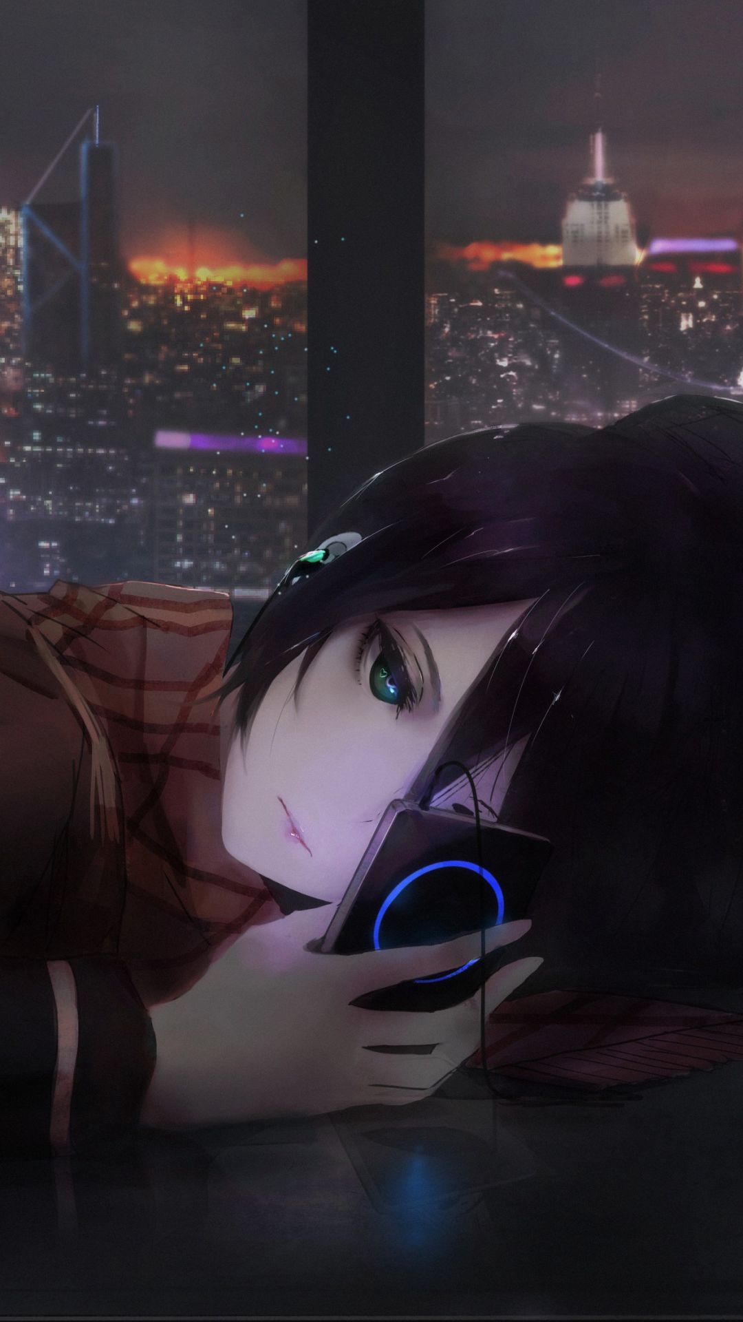 anime, original, ipod, scarf, black hair, blue eyes