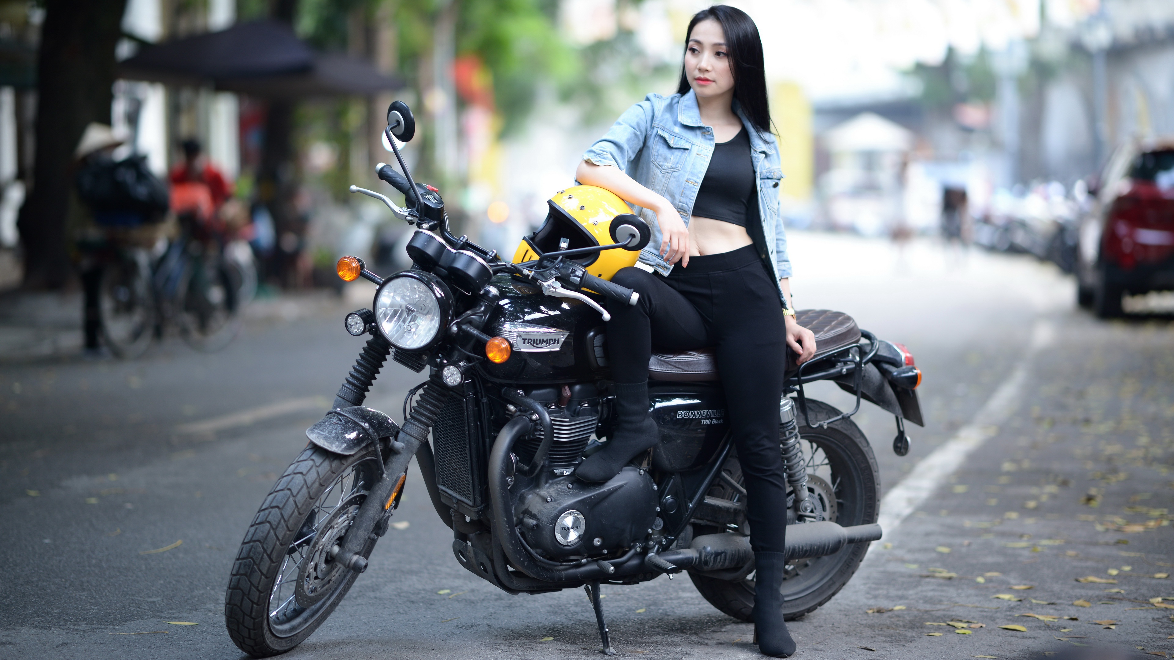 Download mobile wallpaper Motorcycle, Model, Women, Asian, Black Hair, Girls & Motorcycles, Depth Of Field for free.