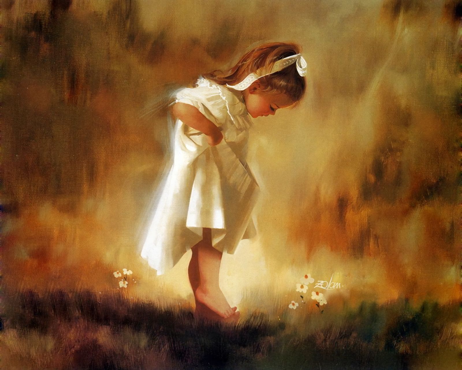 Download mobile wallpaper Flower, Field, Painting, Artistic, Cute, Little Girl, Barefoot for free.