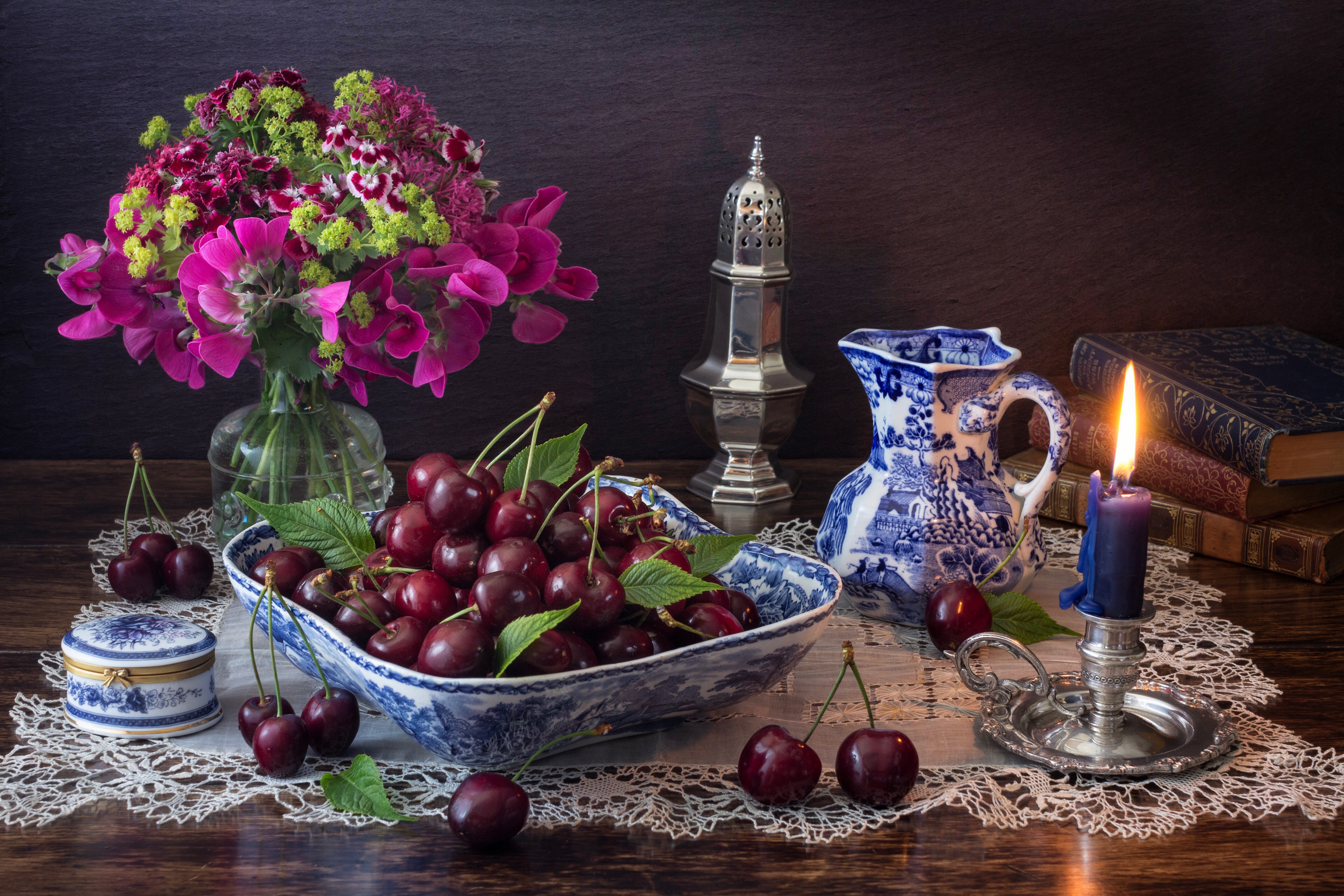 Download mobile wallpaper Cherry, Still Life, Flower, Fruit, Candle, Photography for free.