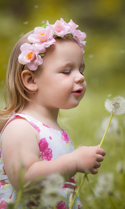 Download mobile wallpaper Summer, Bokeh, Child, Wreath, Dandelion, Photography, Little Girl for free.