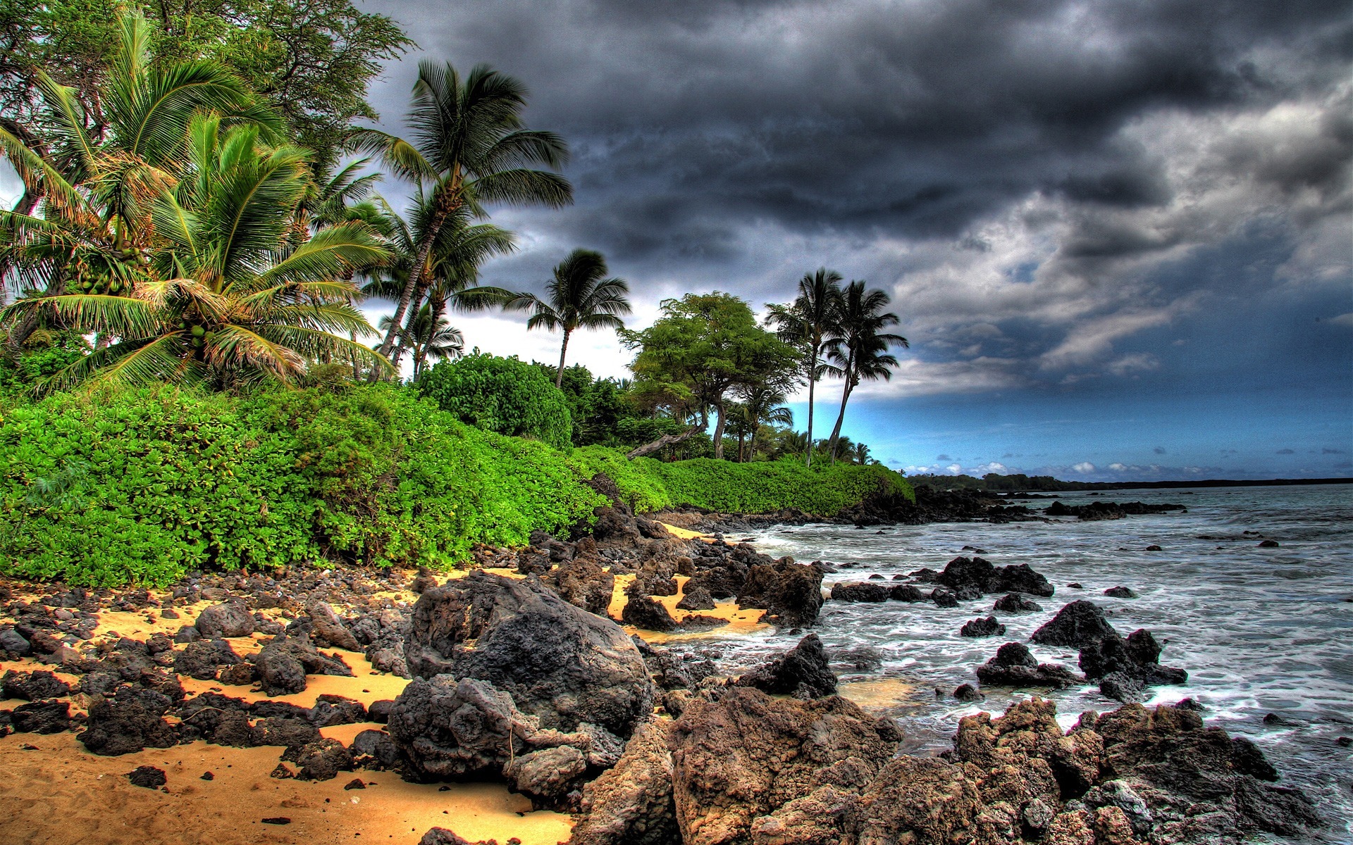 Laden Sie das Landschaft, Stones, Sky, Palms, Strand-Bild kostenlos auf Ihren PC-Desktop herunter