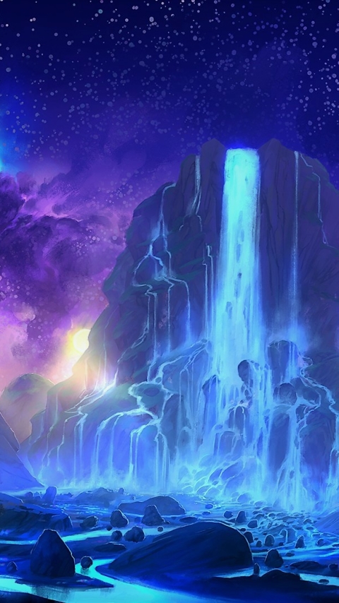 Download mobile wallpaper Fantasy, Sky, Stars, Mountain, Waterfall, Purple, Cloud for free.