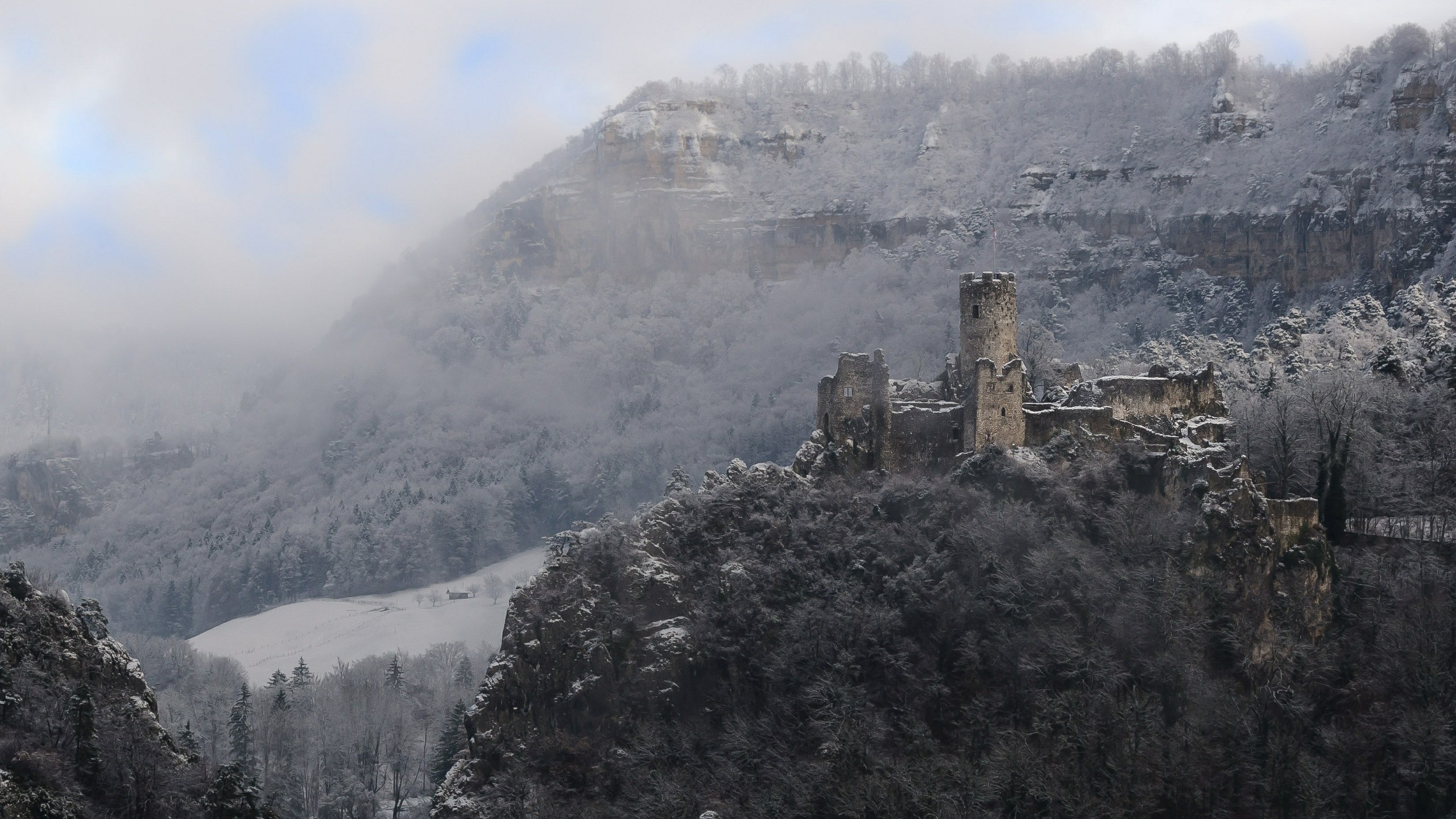 Free download wallpaper Snow, Castles, Mountain, Ruin, Man Made, Castle on your PC desktop