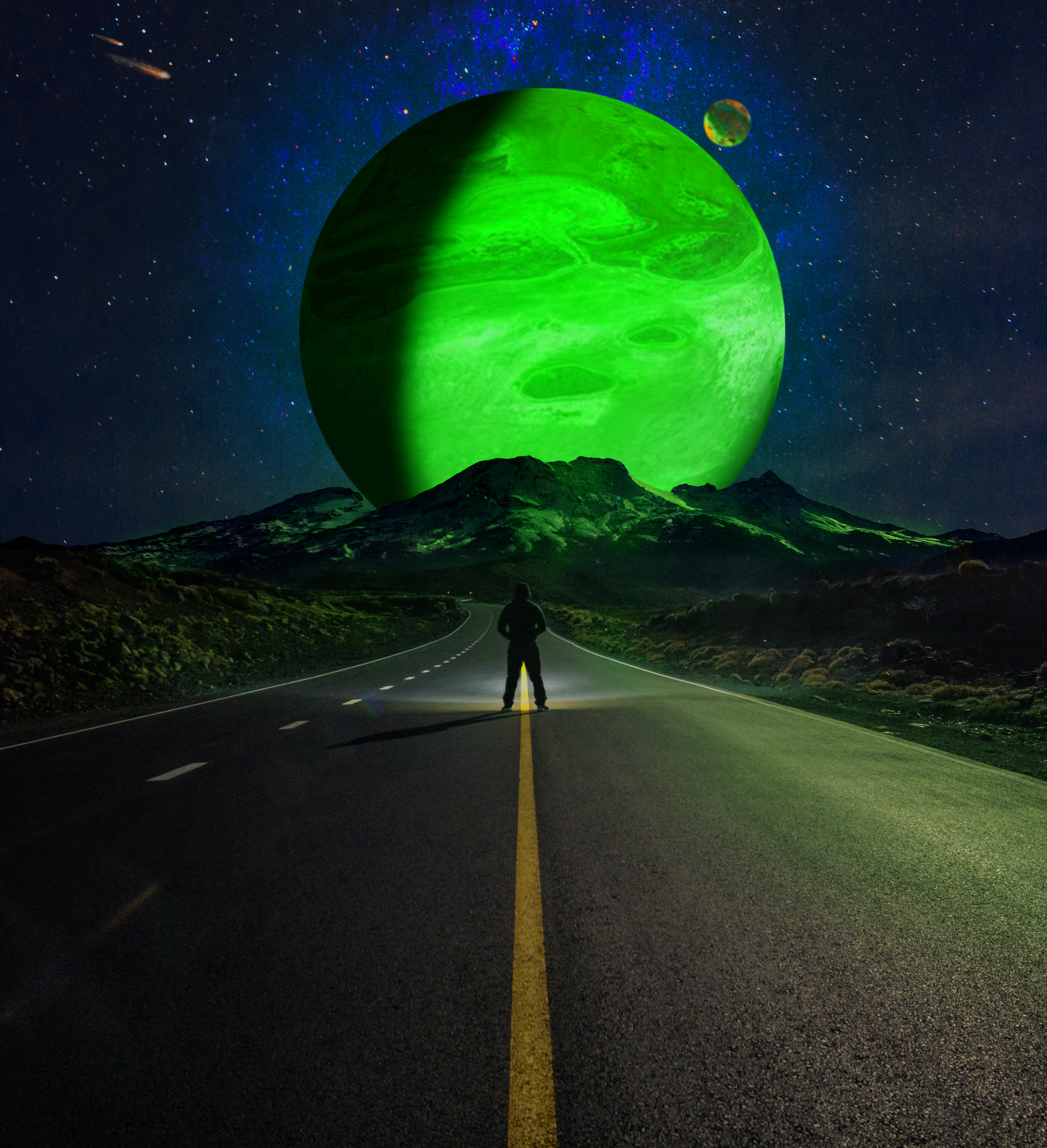 Free download wallpaper Miscellanea, Miscellaneous, Road, Mountains, Silhouette, Night, Planets on your PC desktop