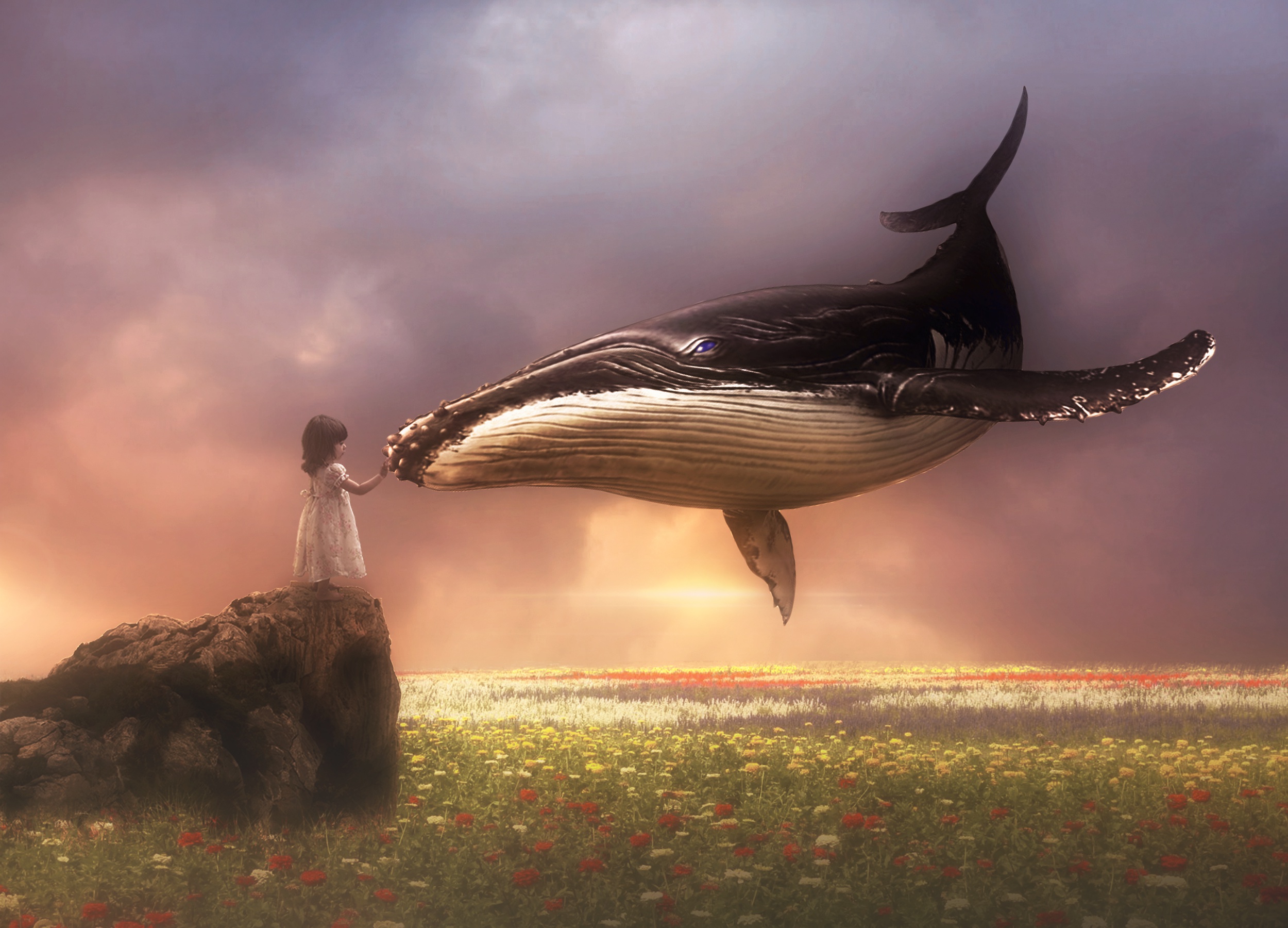 Download mobile wallpaper Fantasy, Flower, Whale, Little Girl, Fantasy Animals for free.