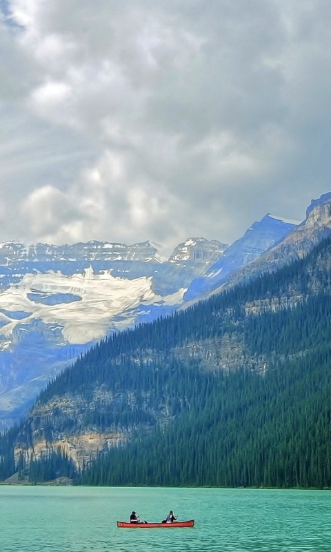 Handy-Wallpaper Landschaft, See, Kanada, Boot, Gebirge, Alberta, Banff Nationalpark, Berge, Lake Louise, Erde/natur, Fairview Berg kostenlos herunterladen.