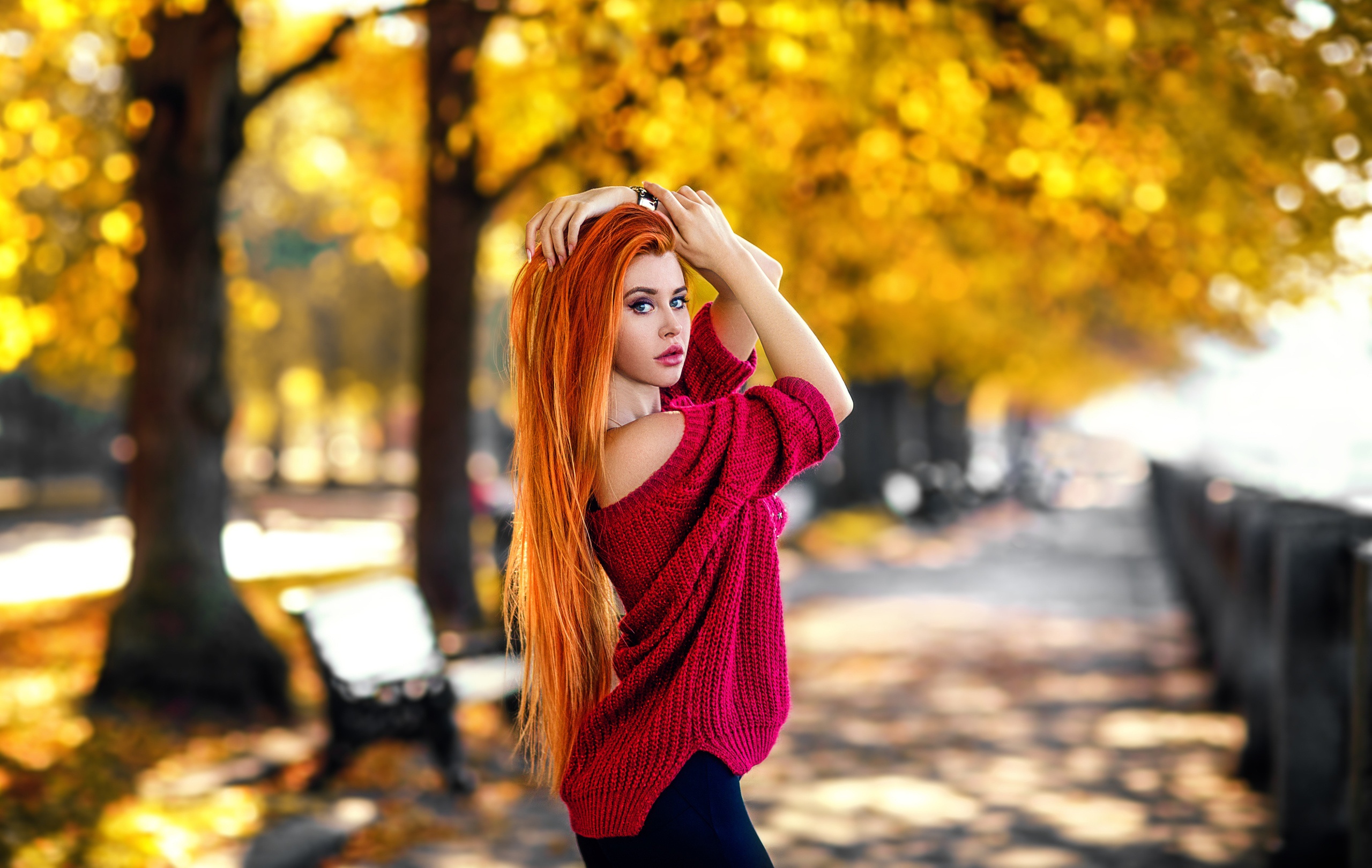 Download mobile wallpaper Model, Women, Blue Eyes, Long Hair, Orange Hair, Depth Of Field for free.
