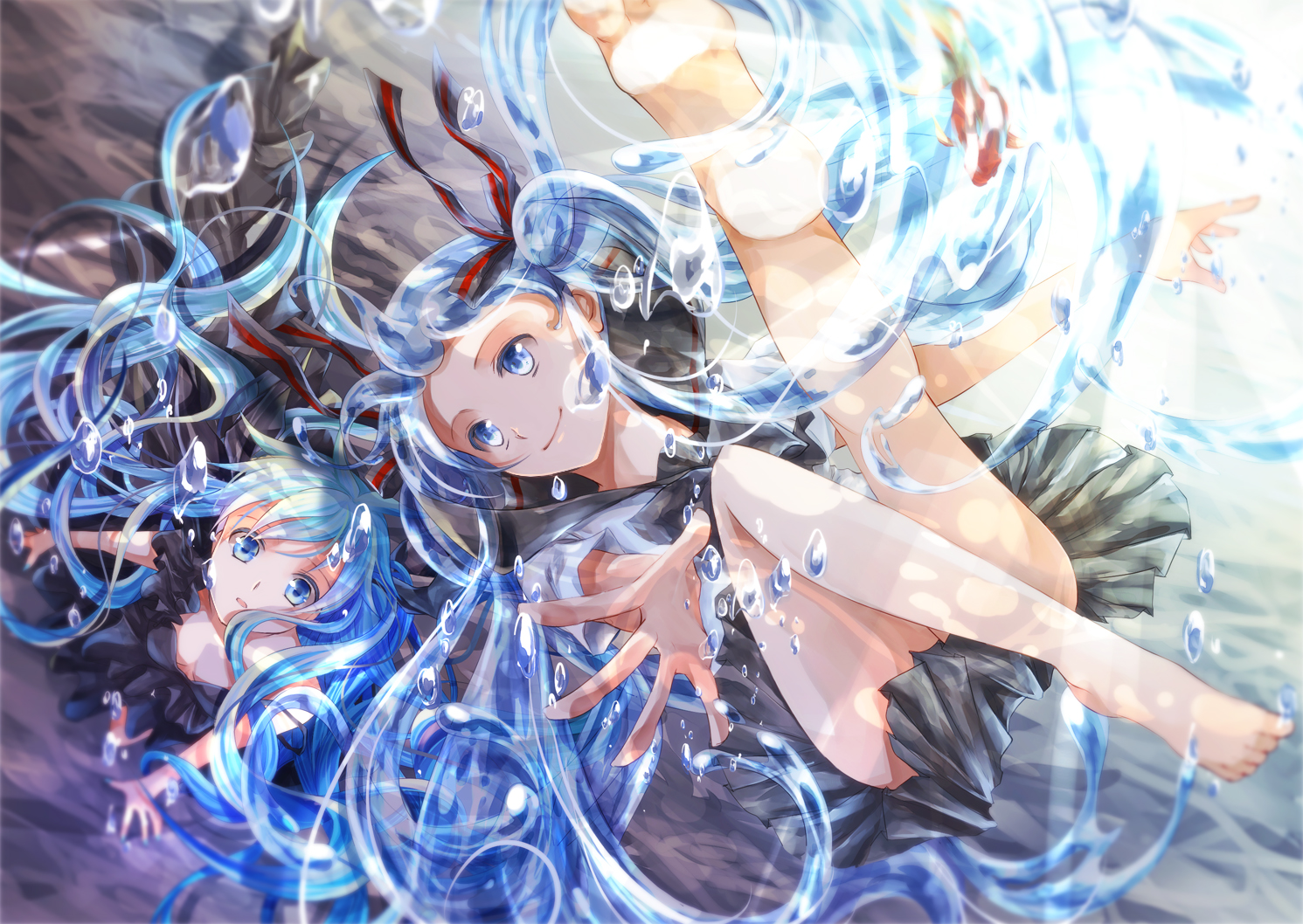 Download mobile wallpaper Anime, Water, Smile, Vocaloid, Bubble, Skirt, Blue Hair, Hatsune Miku, Long Hair, Twintails for free.