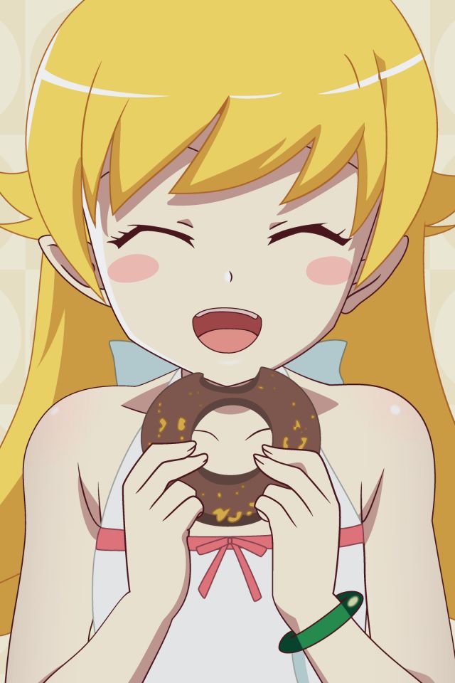 Download mobile wallpaper Anime, Blonde, Doughnut, Blush, Monogatari (Series), Monogatari Series: Second Season, Shinobu Oshino for free.