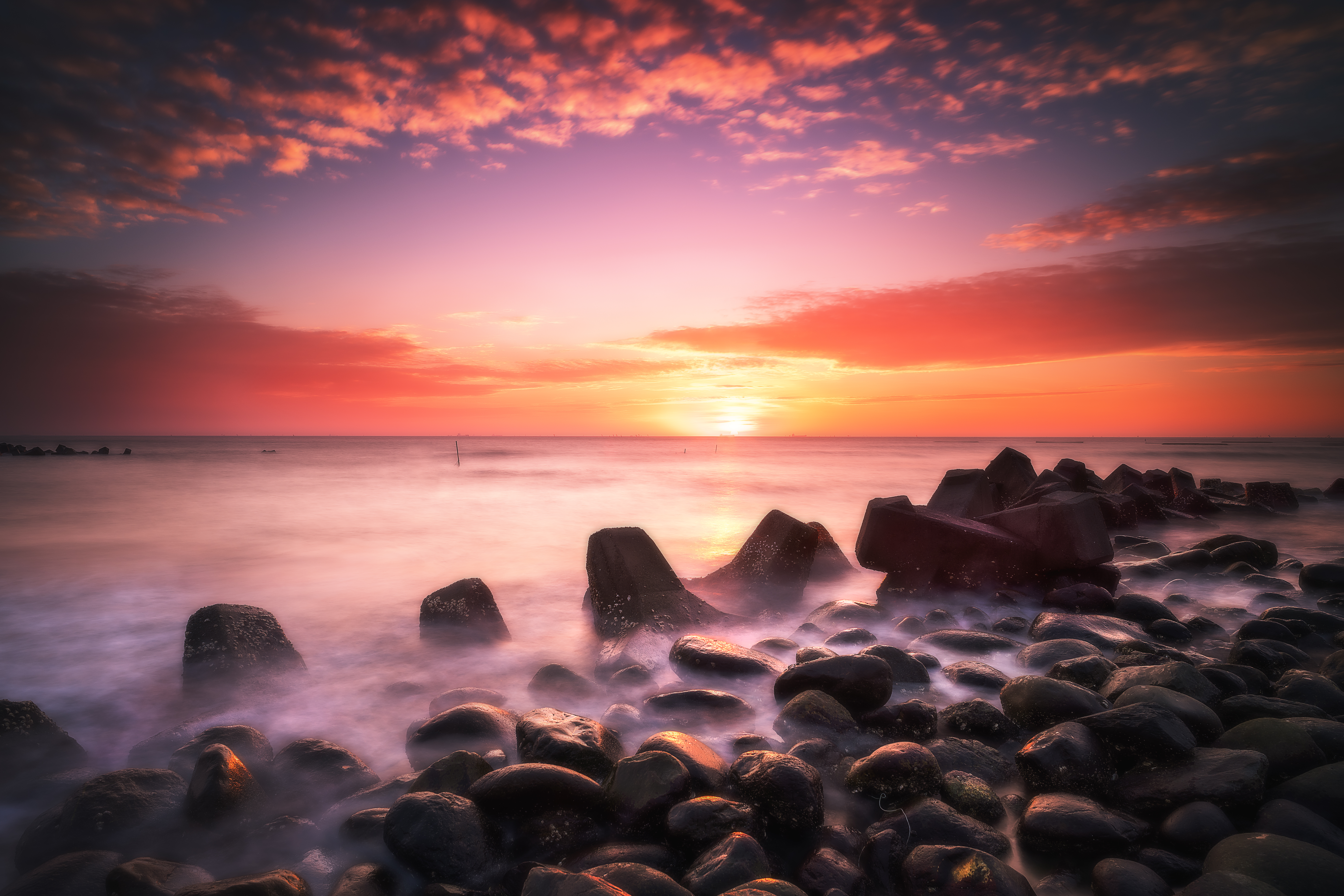 Download mobile wallpaper Fog, Nature, Stones, Sunset, Water for free.