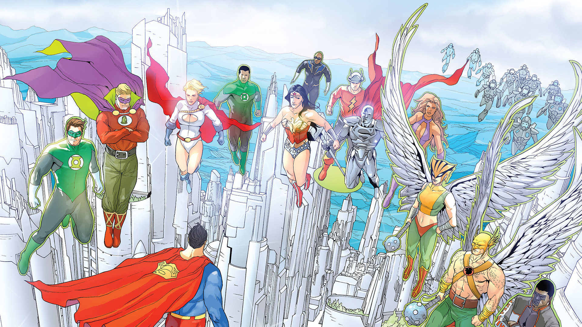 comics, justice league, alan scott (dc comics), black lightning, carter hall, dc comics, diana prince, flash, green lantern, hal jordan, hawkgirl (dc comics), hawkman (dc comics), jay garrick, jefferson pierce, john stewart (green lantern), kendra sanders, mister terrific, power girl, starfire (dc comics), steel (dc comics), superman, wings, wonder woman