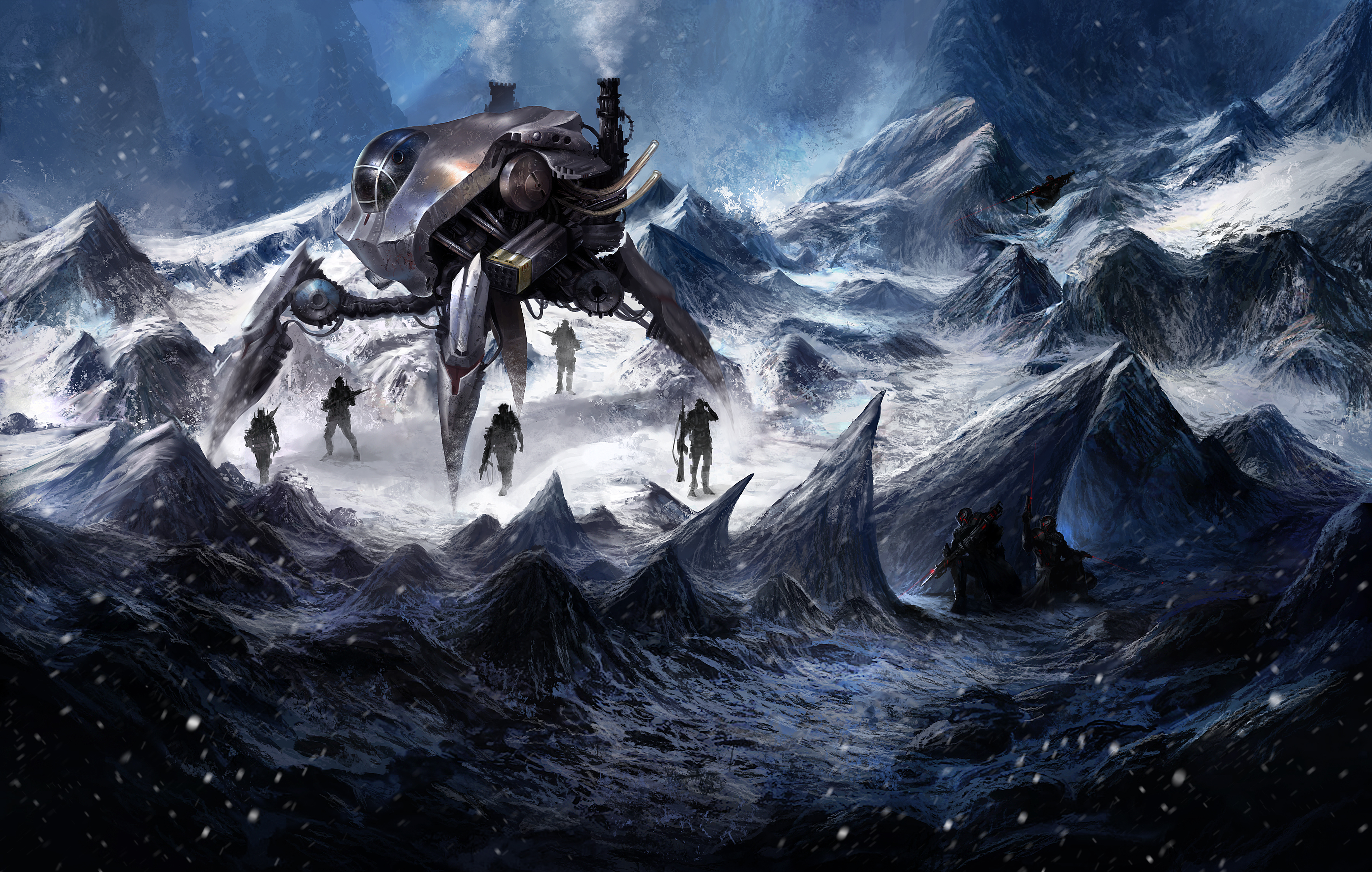 Download mobile wallpaper Robot, Warrior, Sci Fi, Snowfall for free.