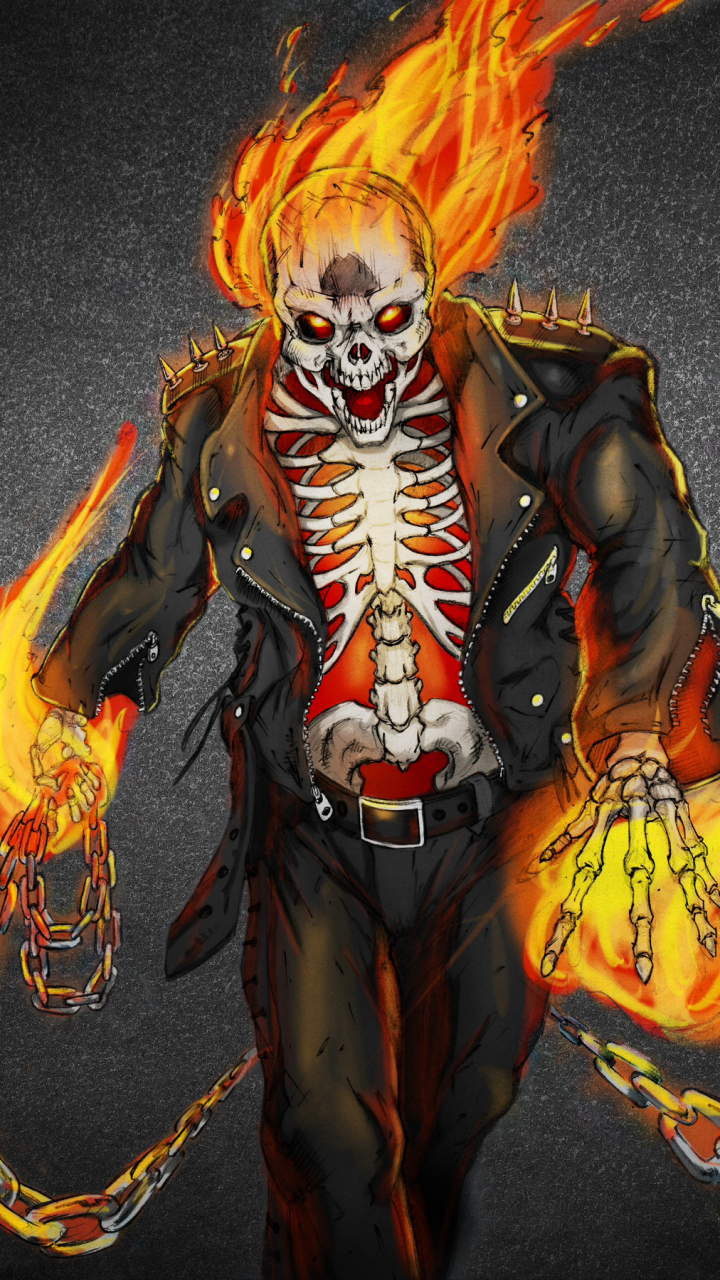 Download mobile wallpaper Fire, Ghost Rider, Painting, Skull, Leather, Chain, Skeleton, Comics for free.